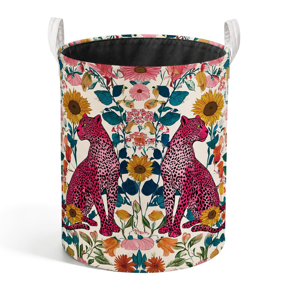 Welshower Boho Floral Hot Pink Leopard Laundry Basket, Vibrant Sunflower Pink Cheetah Laundry Hamper Waterproof Collapsible Clot