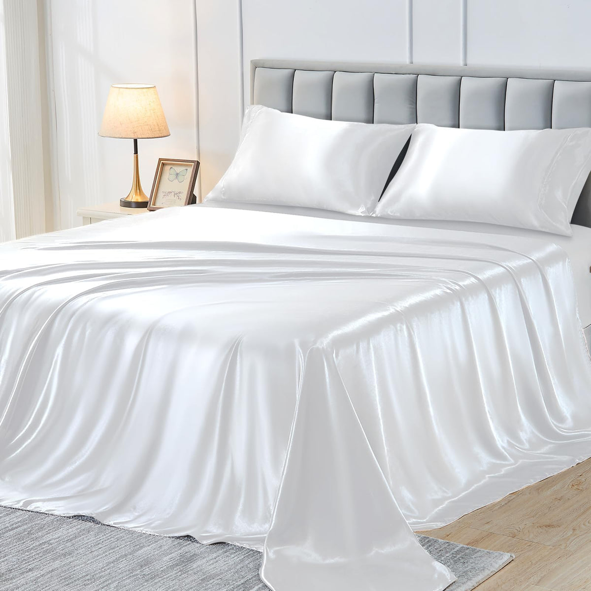 Sasttie Satin Full Sheet Set, White Satin Sheet Set For Full Size Bed, Silky Sheets Full Size Bed Set, Satin Full Sheet Set Incl