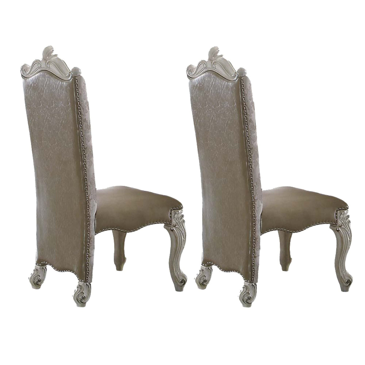 Benjara Faux Leather Upholstered Wooden Side Chair With Scrolled Carvings, Set Of Two, White
