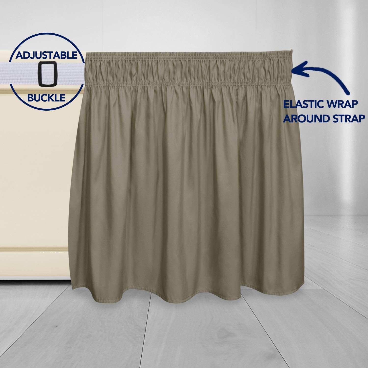 Purefit Wrap Around Ruffled Bed Skirt With Adjustable Elastic Belt - 14 Inch Drop Easy To Put On, Wrinkle Free Bedskirt Dust Ruffles, Bed Frame Cover For Queen, King And C-King Size Beds, Sand