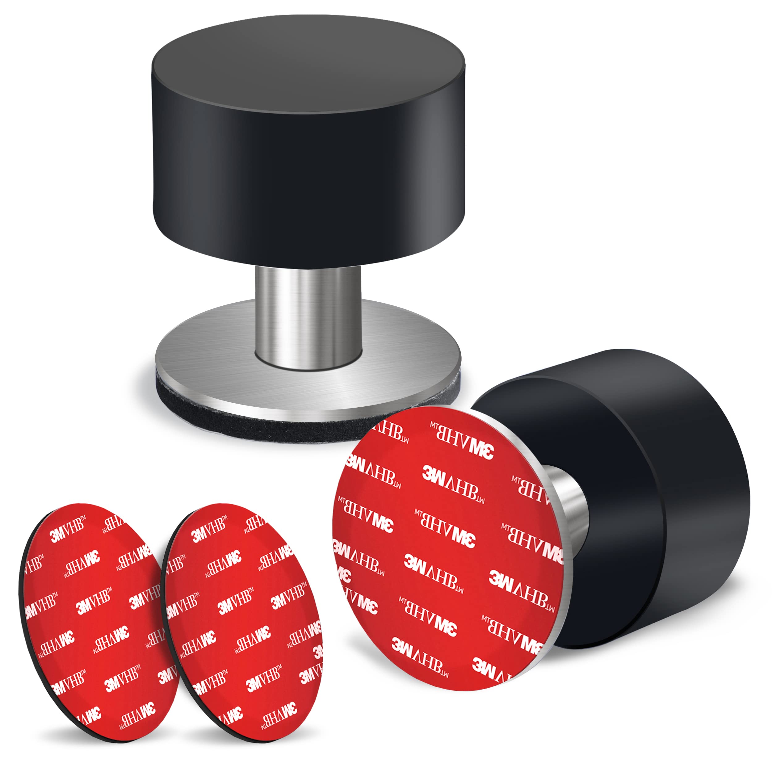 2 Pack Door Stoppers Stop With Extra Stickers, Self-Adhesive Door Stops With Black Rubber Bumper & Stainless Steel Body - Heavy