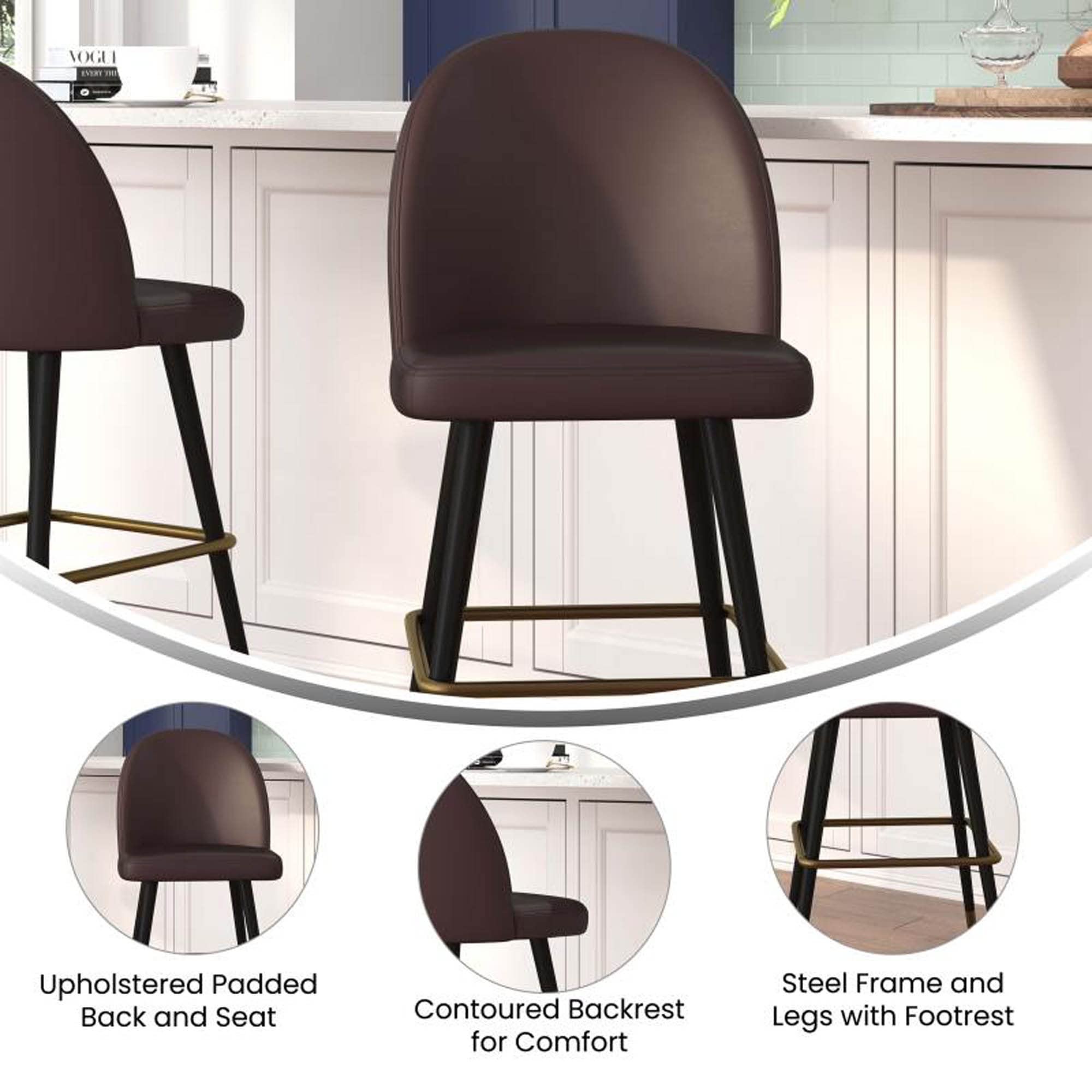 Flash Furniture Lyla Commercial Grade Modern Armless Barstools - Brown Leathersoft Upholstery - 30' Barstool - Contoured Backrest - Steel Frame & Footrest - Set Of 2