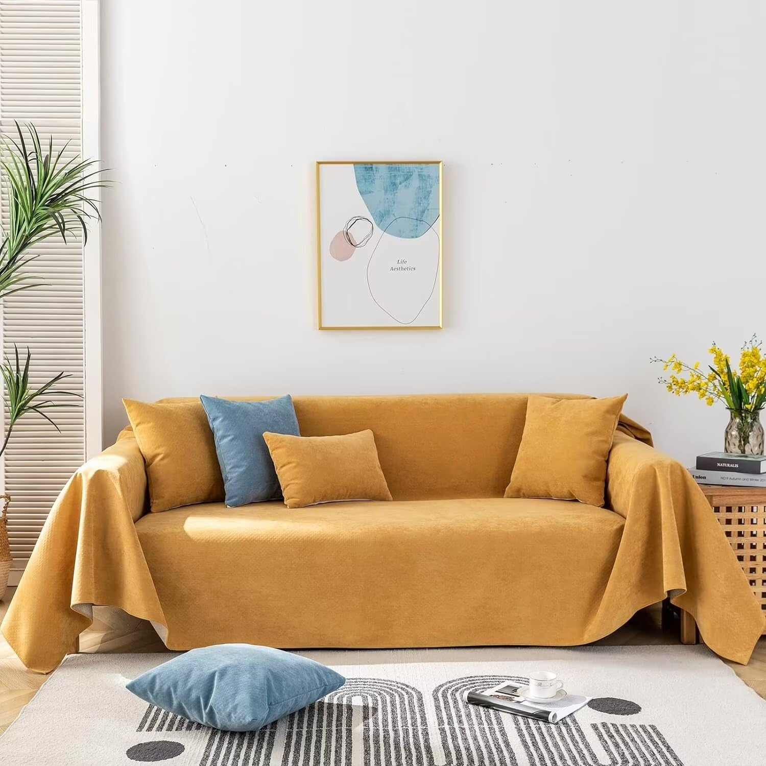 Vclife French Terry Couch Cover Simple Modern Yellow Sofa Slipcover Cooling Hair Resistant Dog Sofa Cover Waterproof Non Slip Co