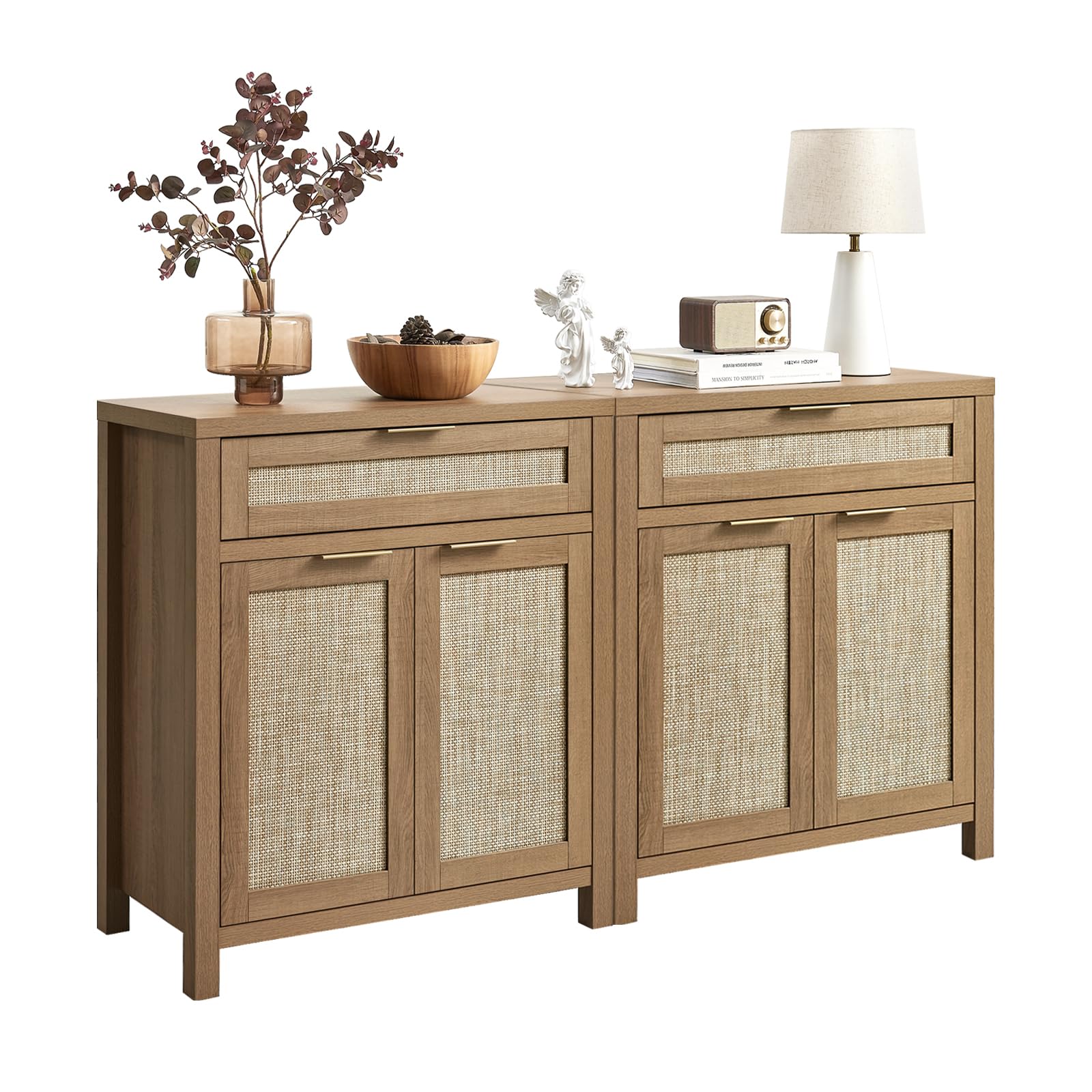 HOKYHOKY Rattan Sideboard Buffet Cabinet Set of 2, Boho Storage Cabinet with Adjustable Shelves, Farmhouse Credenza Coffee Bar T