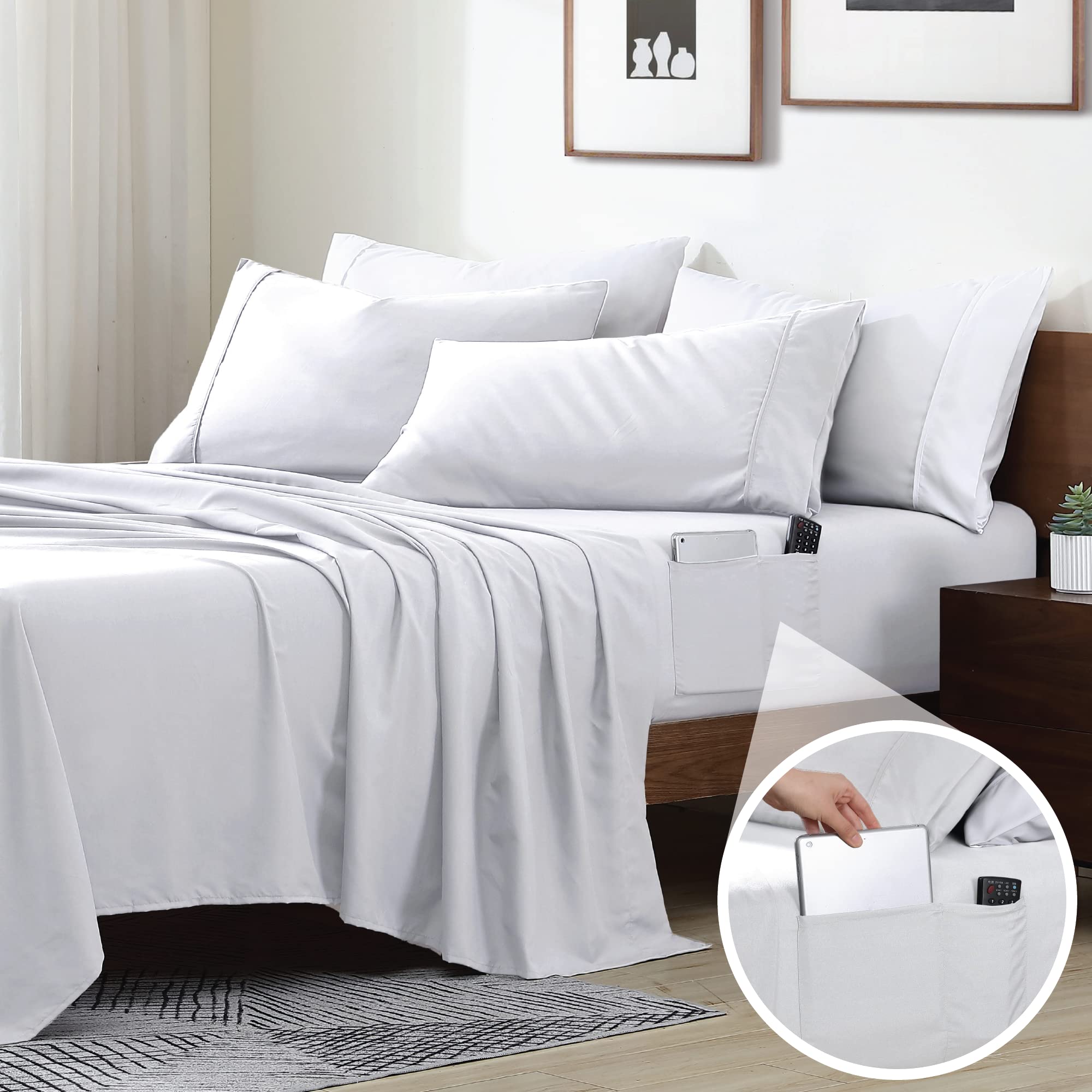 Swift Home Smart Sheets, Ultra Soft Brushed Microfiber 4-Piece Sheet Set, Fitted Bed Sheet With Side Storage Pockets - White, Qu