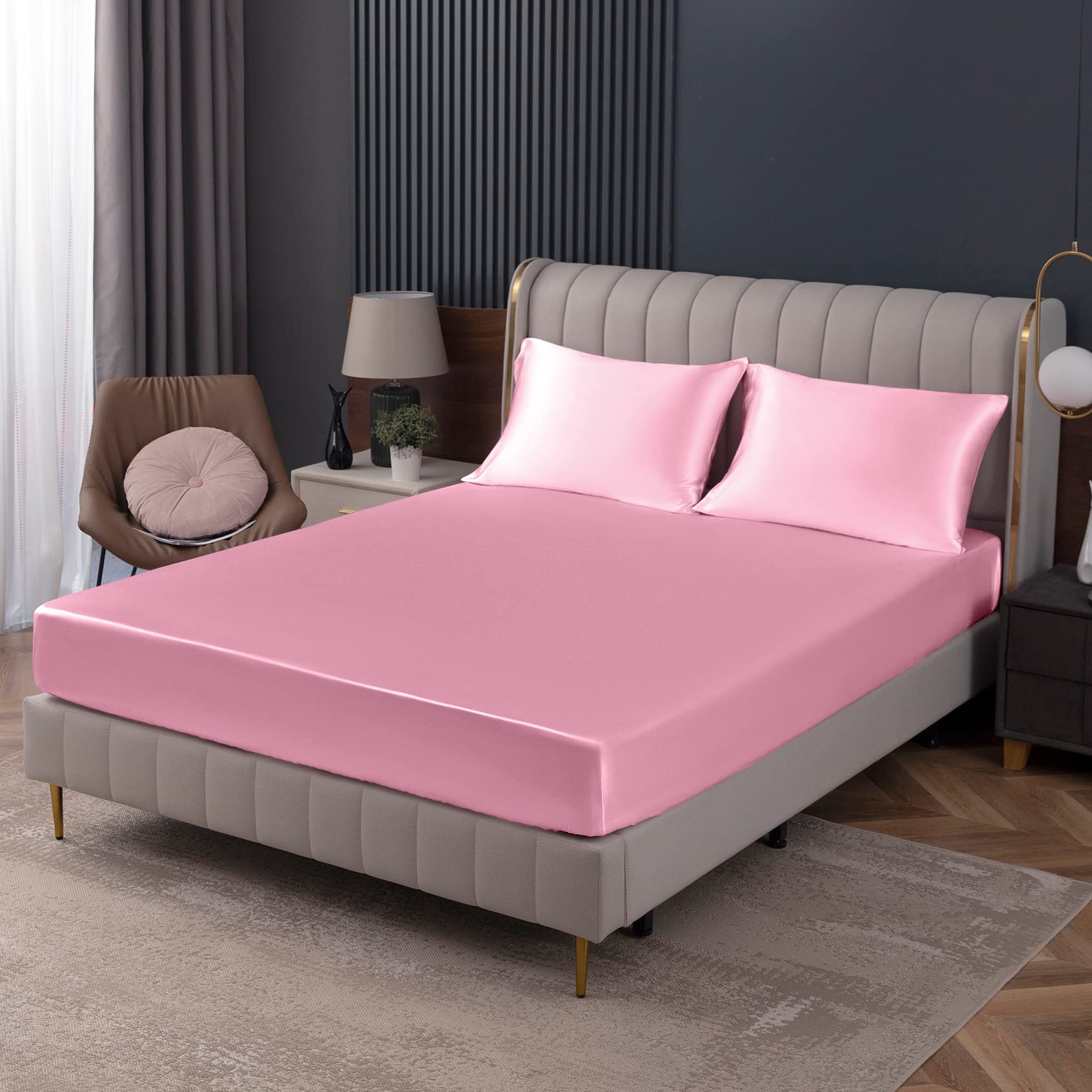 Homiest Pink Satin Fitted Sheet Full Size Fitted Bed Sheet, Deep Pocket Fitted Sheet Only, Luxury & Ultra Soft Bedding Fitted Sheet Single Bottom Bed Sheets Sold Separately