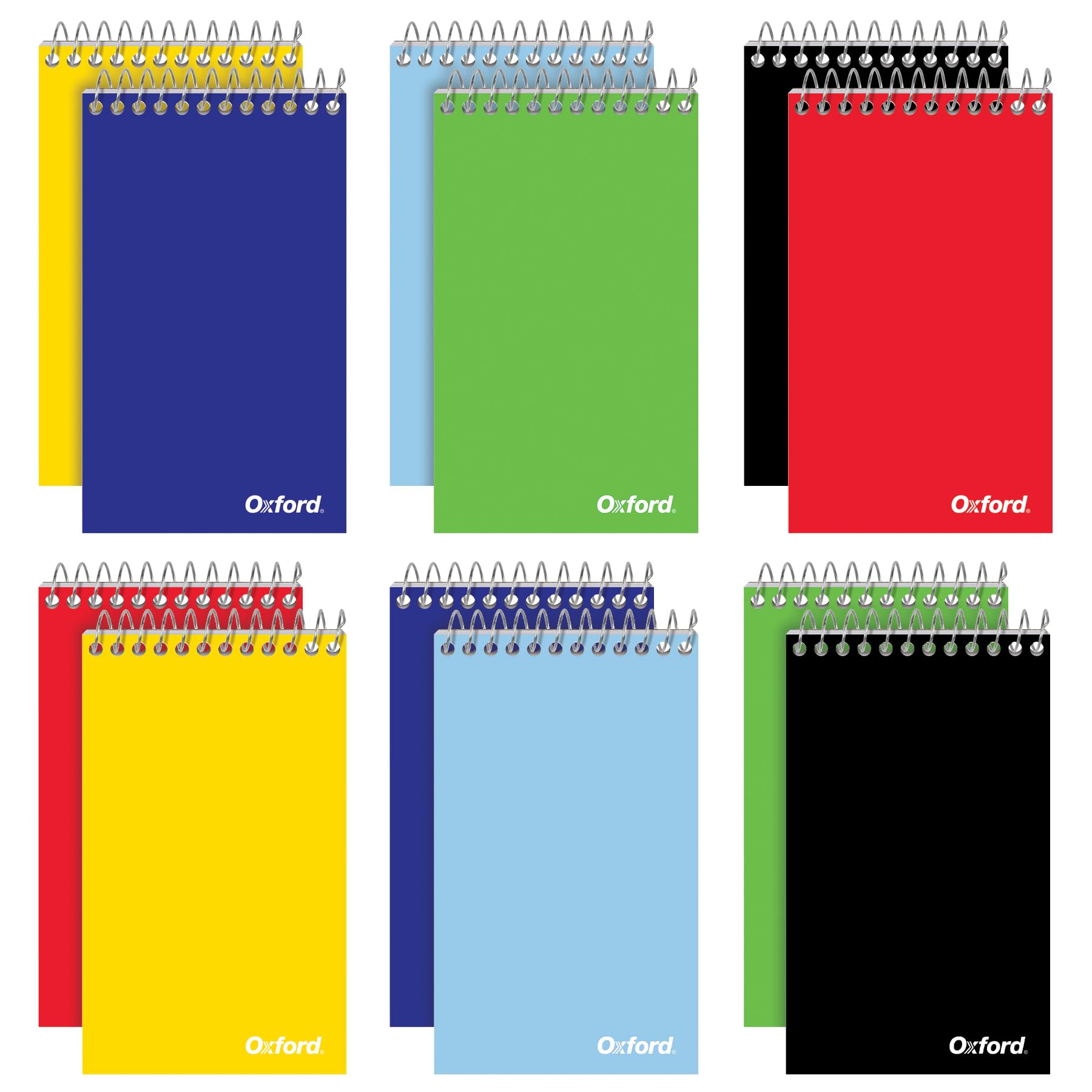 Oxford Spiral Memo Pads, Top Wire Bound, 3 X 5 Inch Pocket Notepad, College Ruled, 6 Assorted Primary Colors, 75 Sheets, 12 Pack