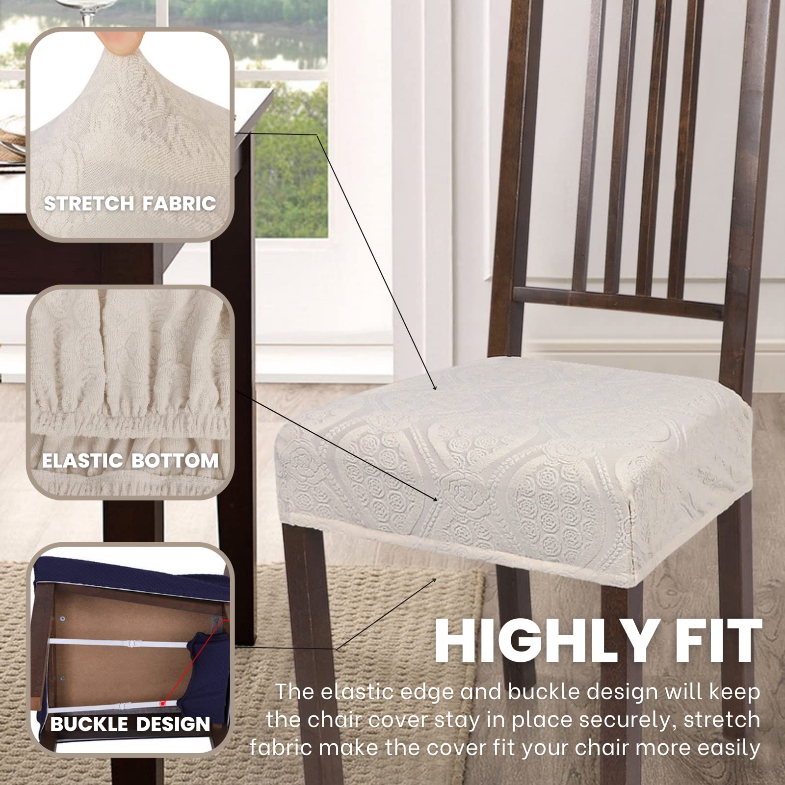 Searchi Water Repellent Dining Chair Seat Covers Set Of 4, Washable Stretch Seat Covers For Dining Chairs, Rear-Covered Dining R