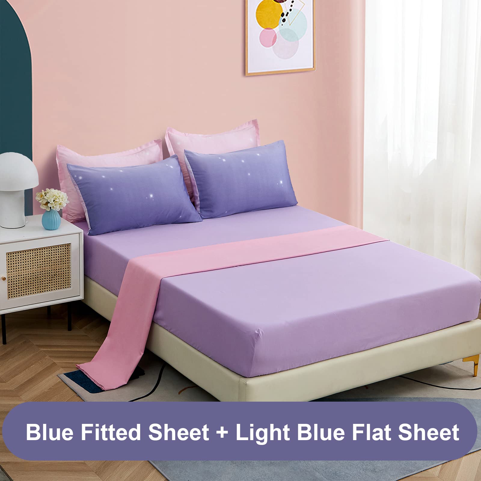 Dinjoy Girls Women Comforter Set King Size Ombre Pink Purple Rainbow Bedding Set 7 Pieces Bed In A Bag For Teen Adult (1 Comfort