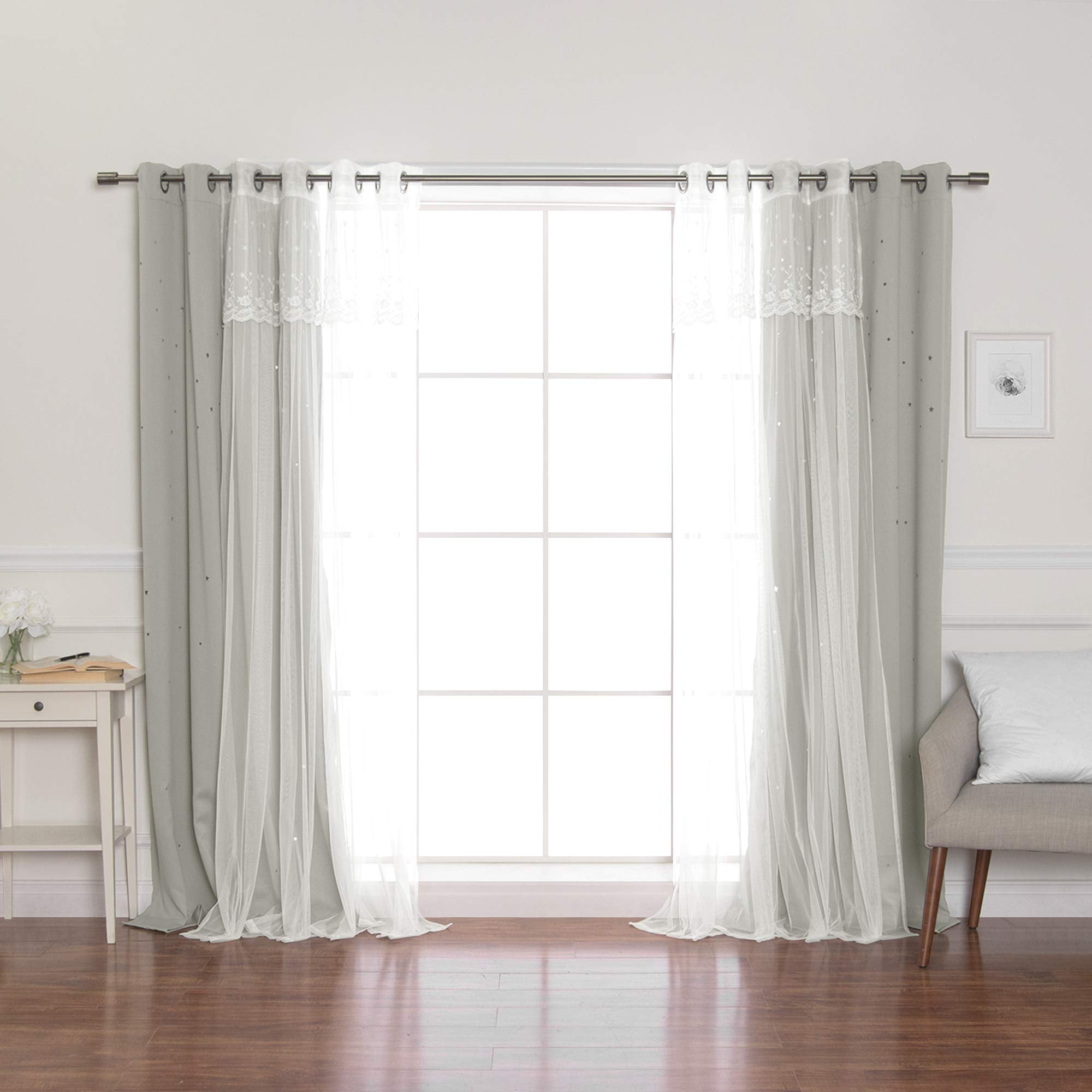 Best Home Fashion Tulle Overlay Star Cut Out Blackout Curtains (52' W X 84' L, Mm Dove)