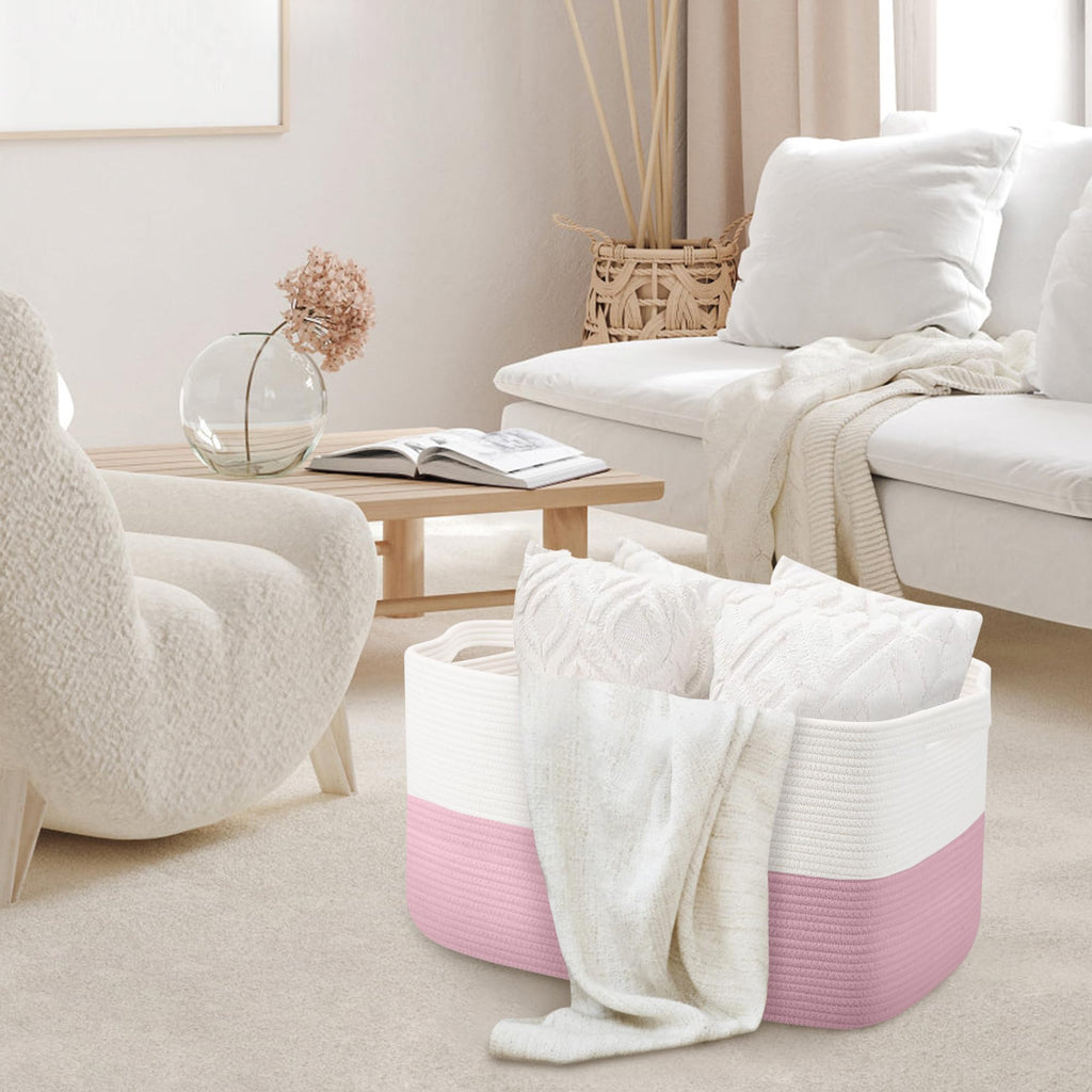 MEGASKET XXXL Cotton Rope Storage Basket, Pink, 23.6" x 15.7" x 14.1"