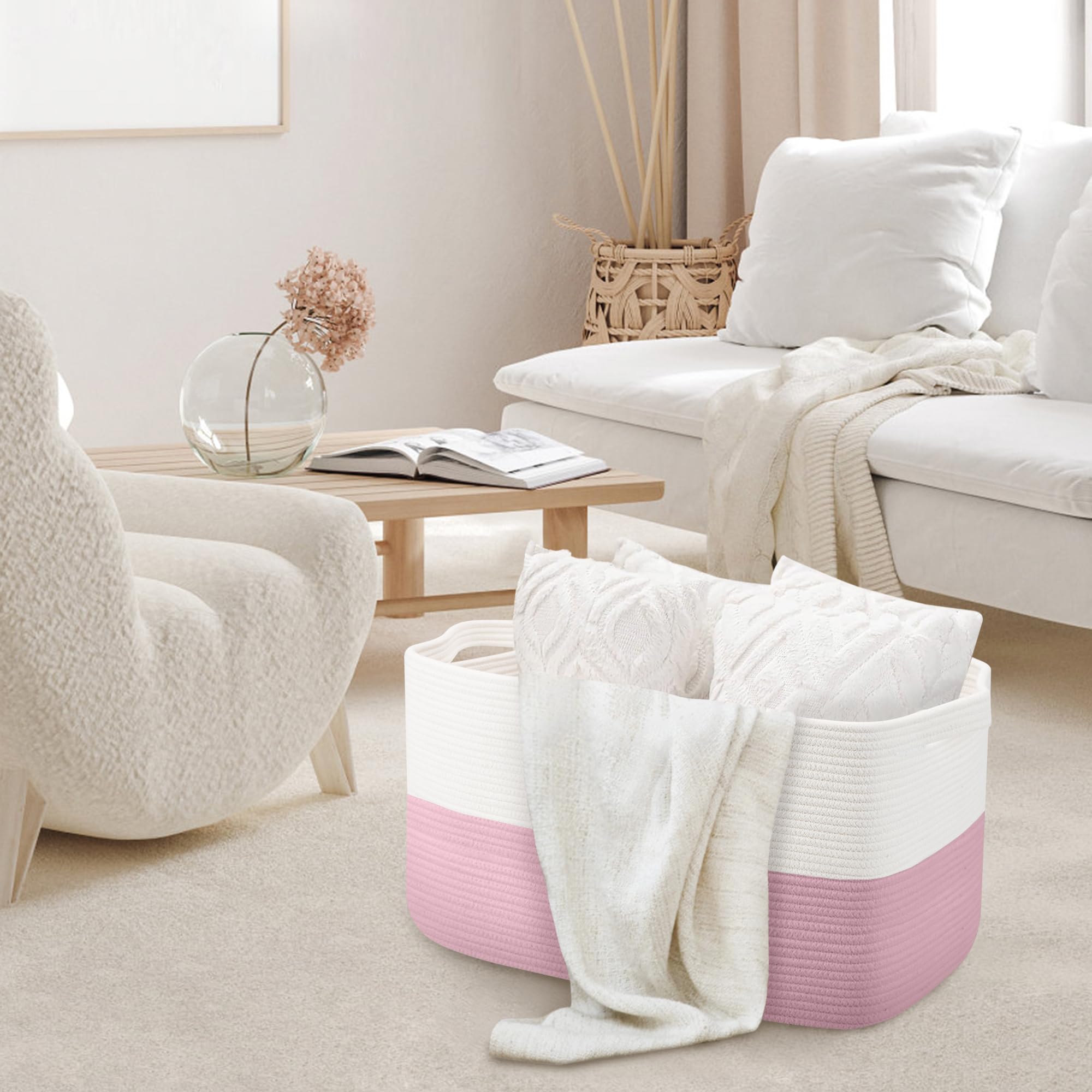 MEGASKET XXXL Cotton Rope Storage Basket, Pink, 23.6" x 15.7" x 14.1"
