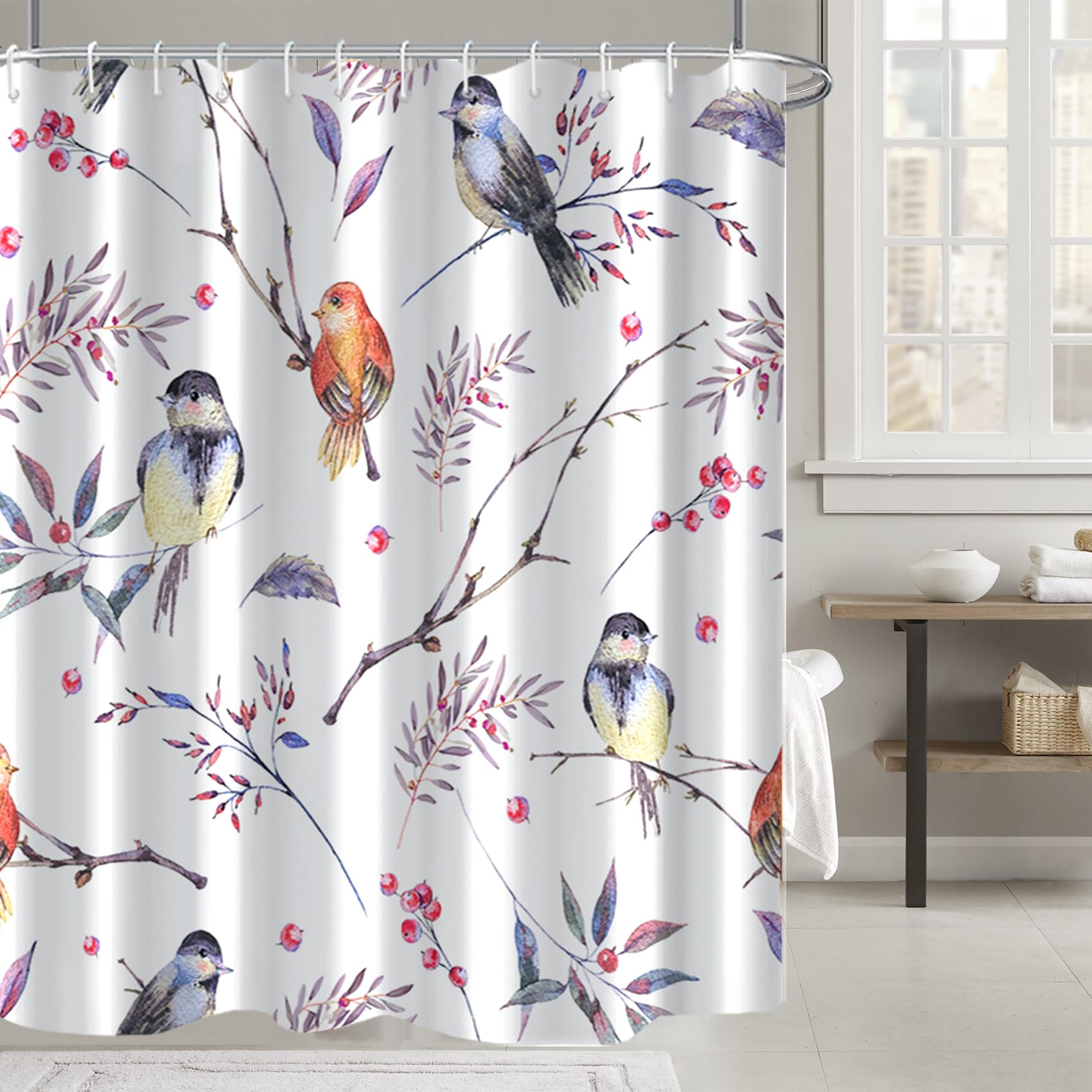 AWERT Bird Shower Curtain with Hooks Colorfur Cheery Birds on Tree Branch Shower Curtain for Bathroom Waterproof Fabric Bathroom