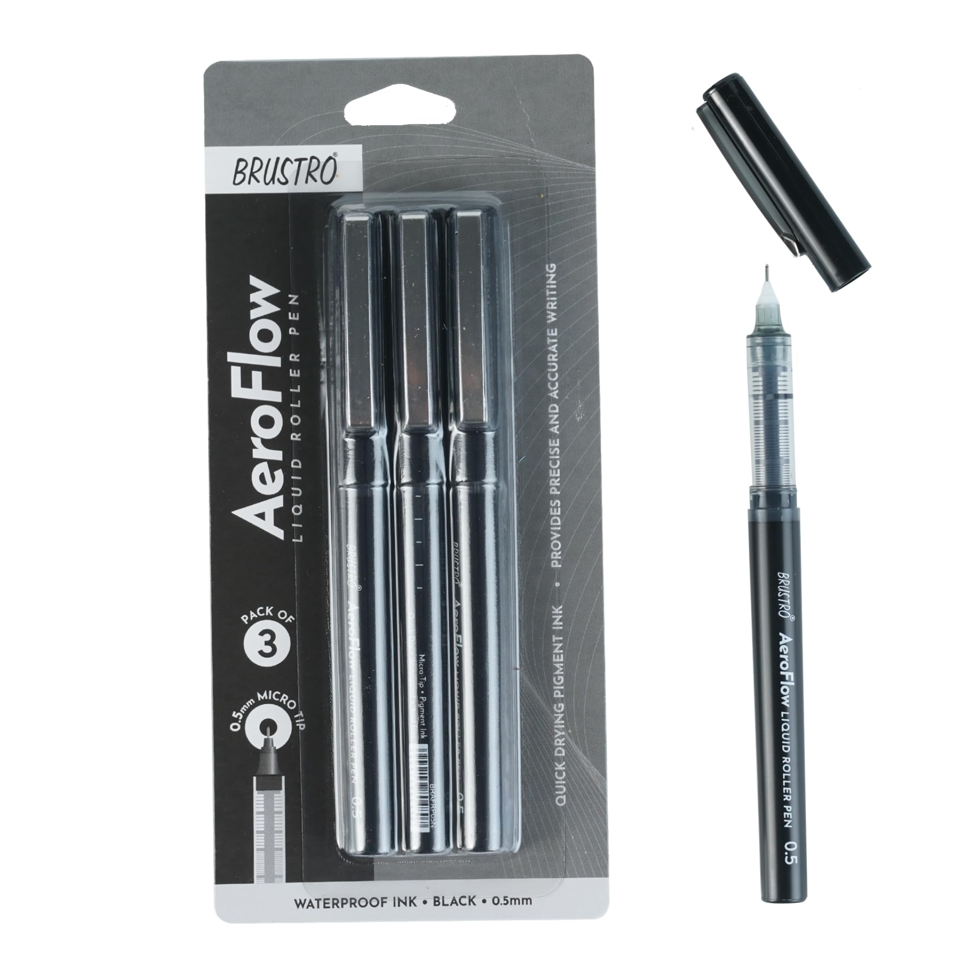 BRUSTRO AeroFlow Liquid Ink Rollerball Pens | Black | Ideal for Students, Professionals, Office, Exam use, Accurate Smooth Writi