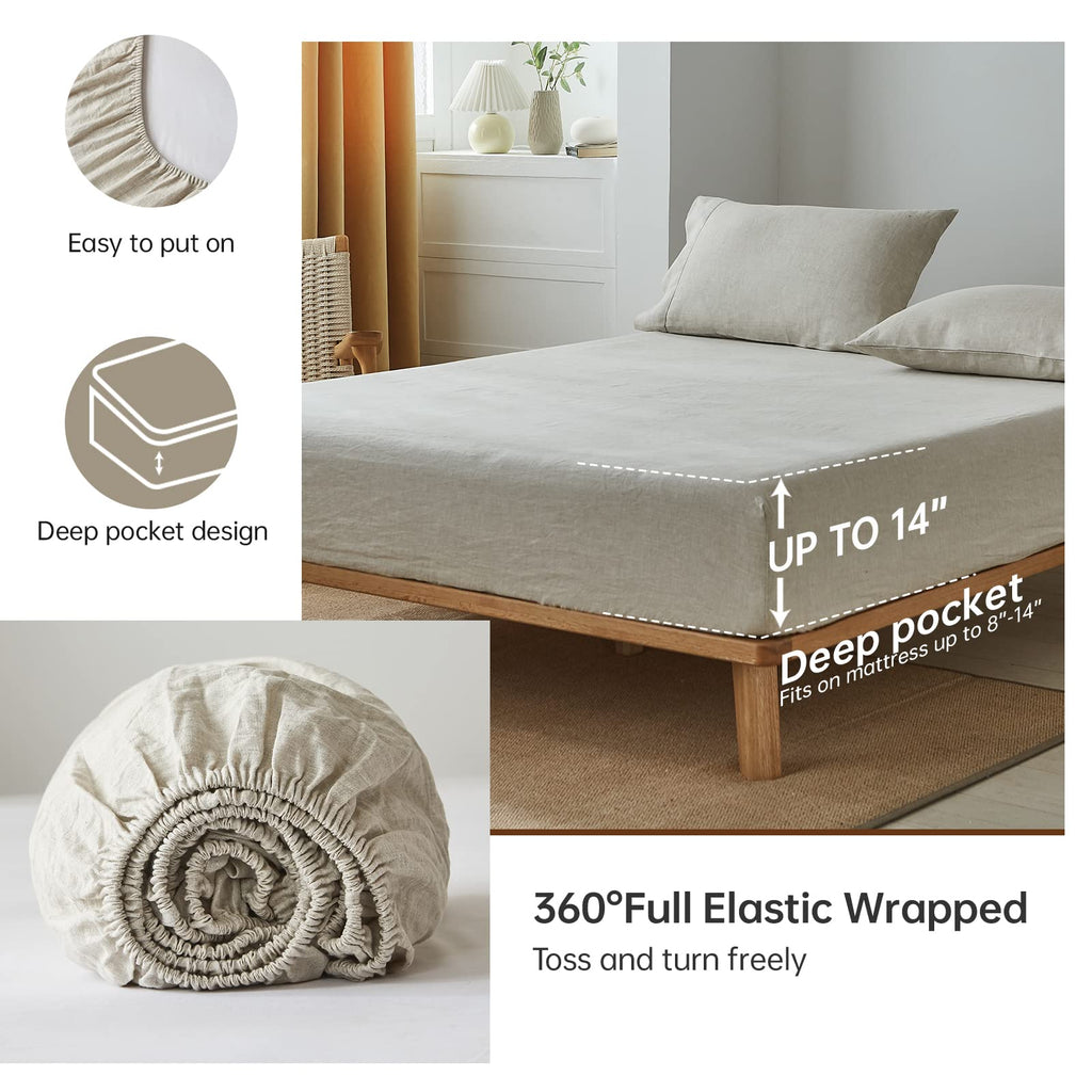 Simple&Opulence 100% Belgian Linen Sheet Set Handmade Hemstitch Linen Queen Size Bed Sheet-4 Piece (1 Flat Sheet+1 Fitted Sheet+