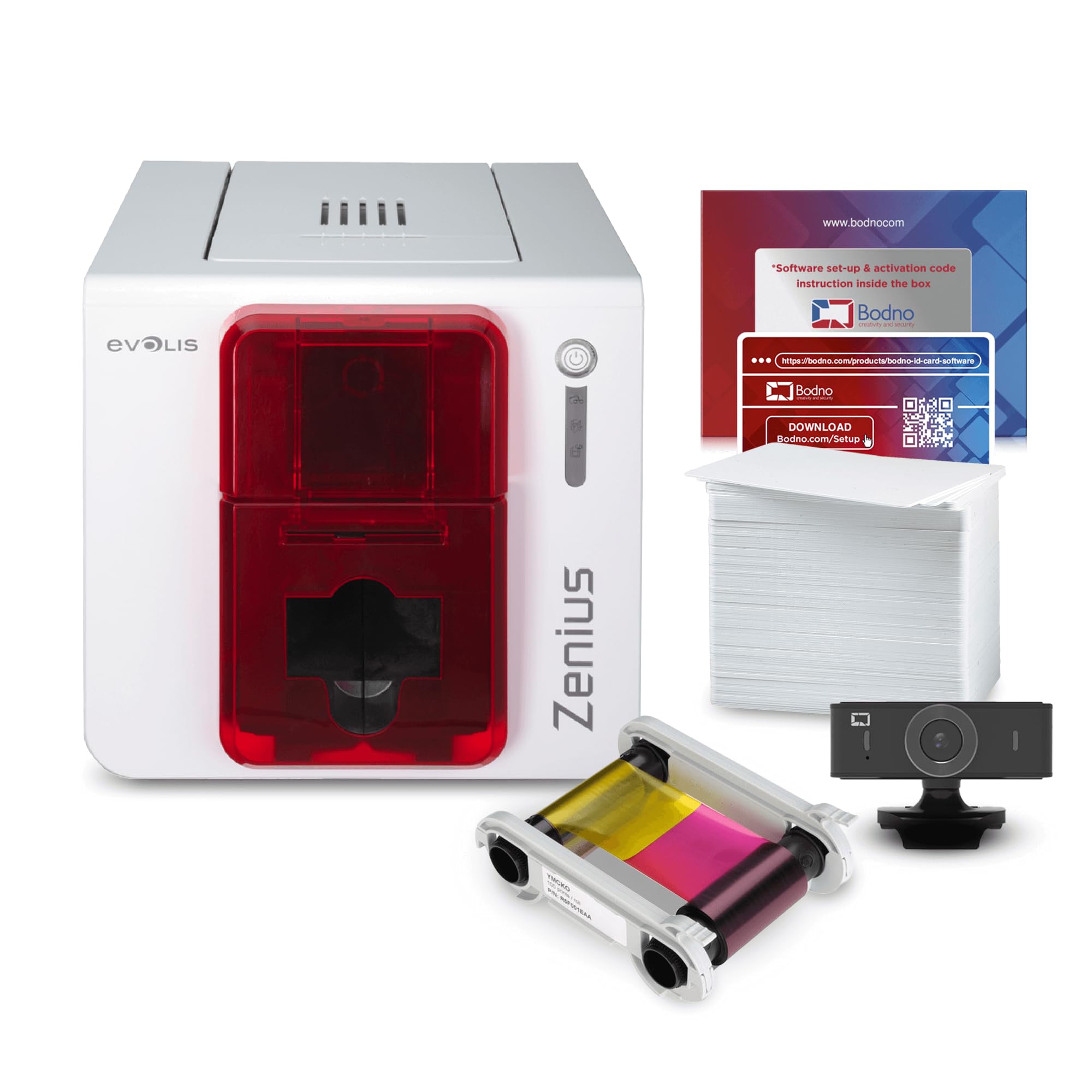 Evolis Zenius Single Sided Id Card Printer & Complete Supplies Package With Bodno Bronze Edition Id Software
