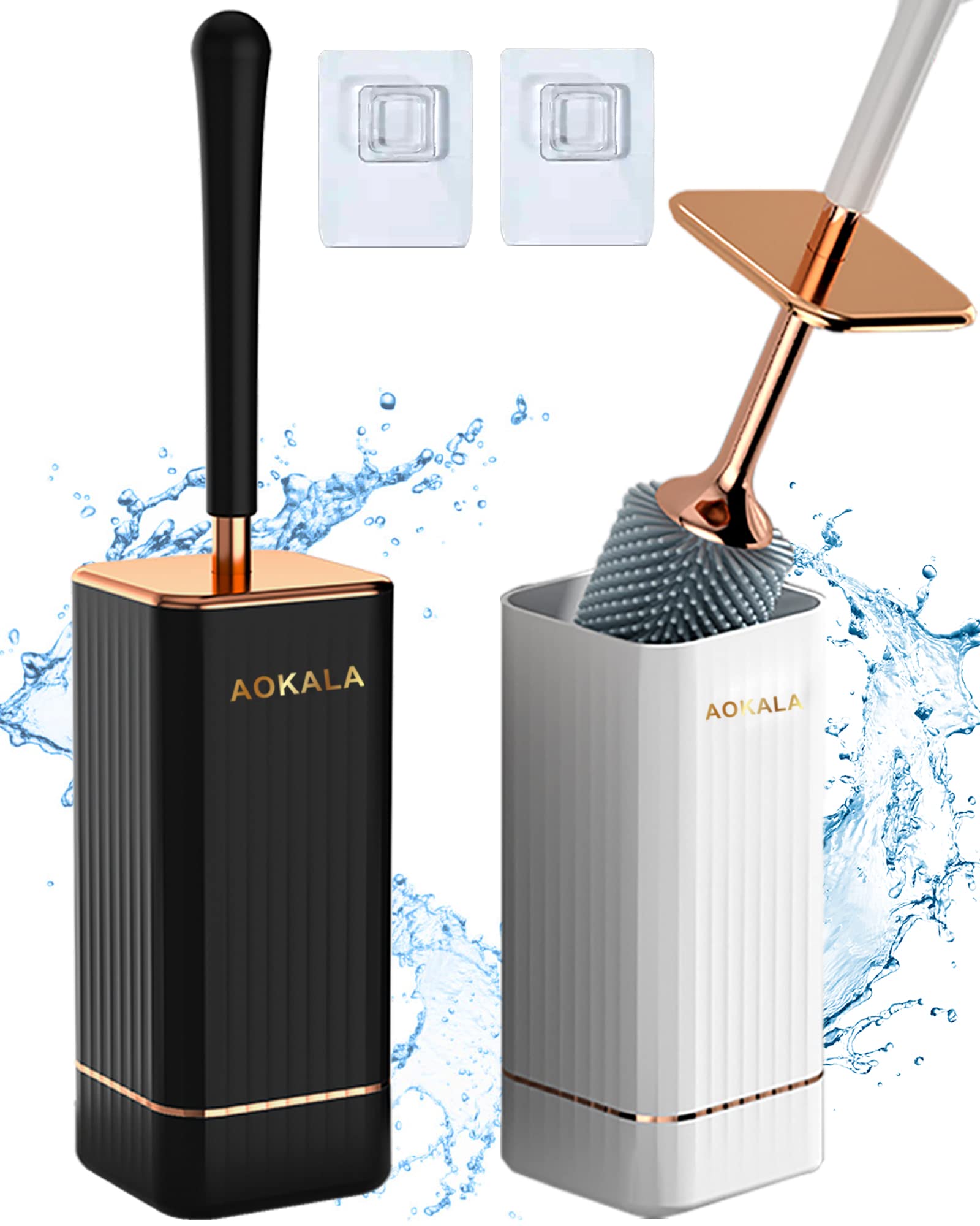 Aokala Toilet Brush and Holder, Elegant 2 Pack Silicone Toilet Bowl Brush Set with Ergonomic Long Handle, Modern Bathroom Decor 