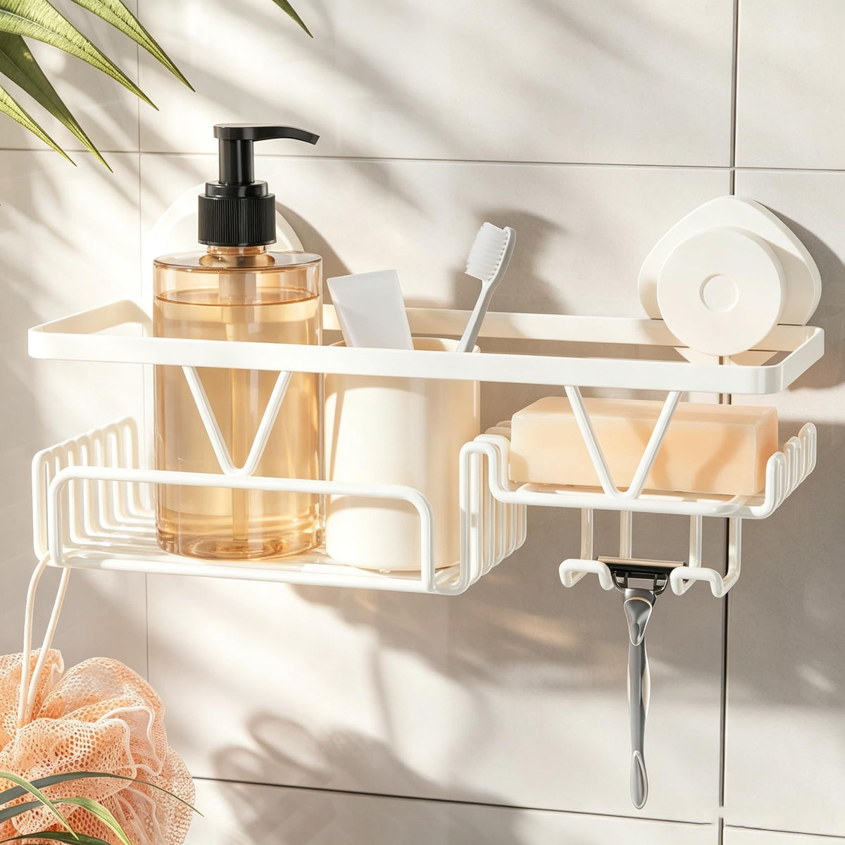 KEGII Suction Cup Shower Rack Wall Mounted for Bathroom, Bright White