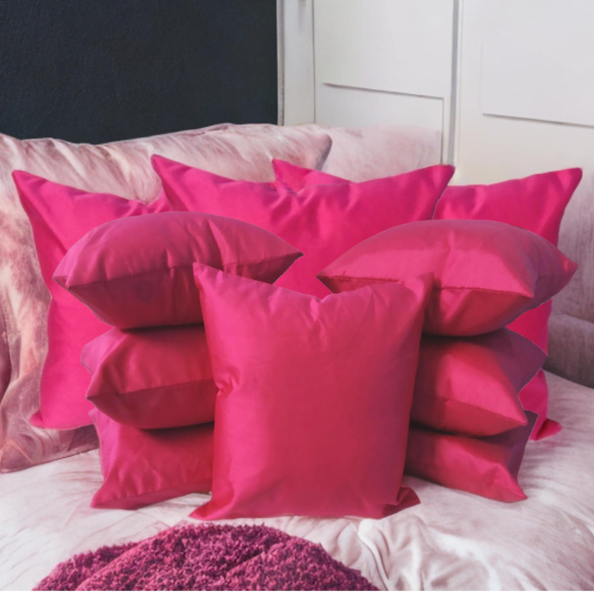 Fab Nation Set Of 4 Cushion Cover  Dupion Silk Plain Decorative Cushion Covers, Pretty Pink/Fuschia/Hot Pink Color (Interlock C