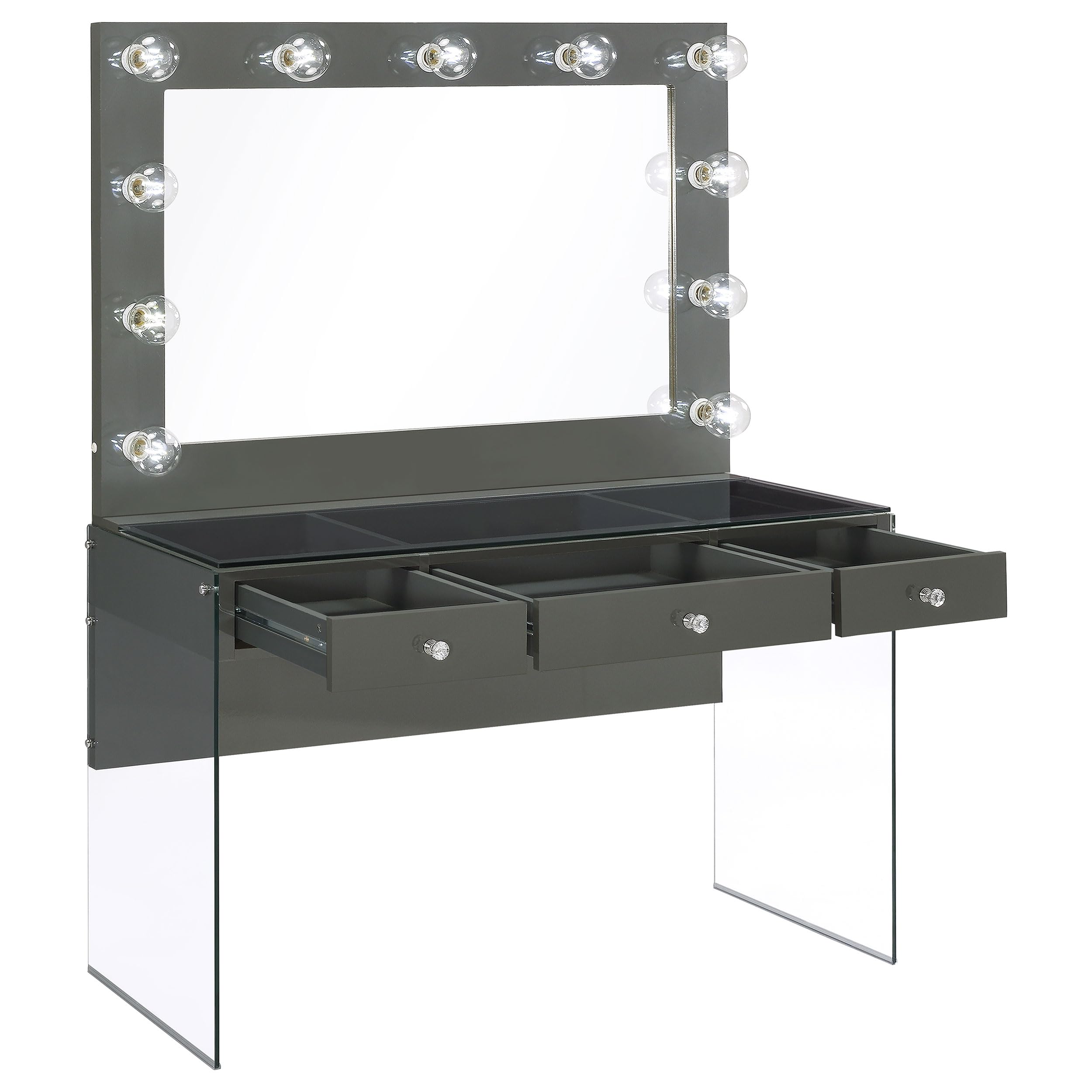 Coaster Home Furnishings Afshan Contemporary 2-Piece 3-Drawer Makeup Vanity Desk with Hollywood Vanity Mirror for Bedroom Makeup Table Tempered Glass Top Grey High Gloss 935923