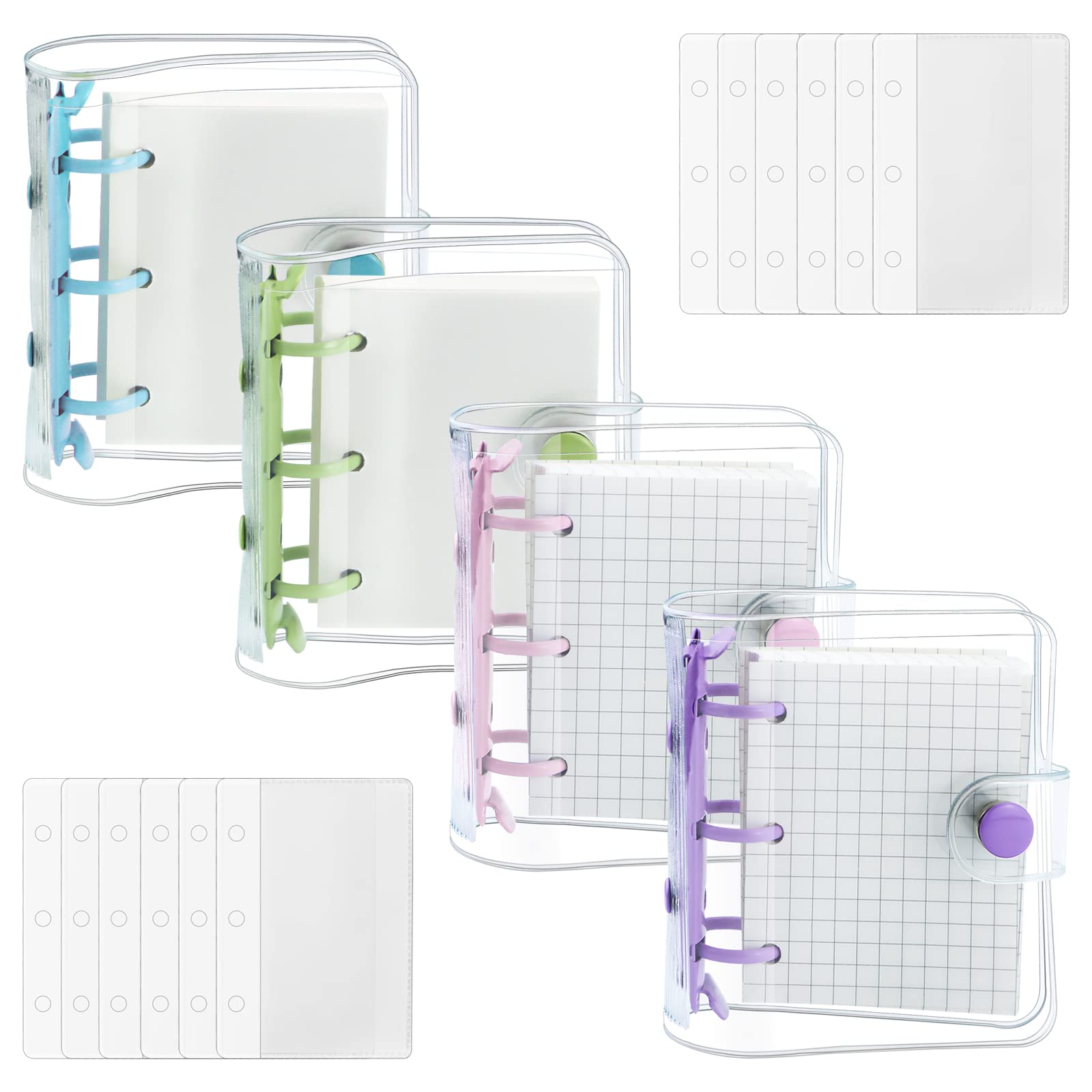 Yetoome 4 Pack Mini Transparent 3 Ring Binder Covers With Mini Binder Inner Paper And Pockets Clear Soft Pvc Notebook Closure Lo