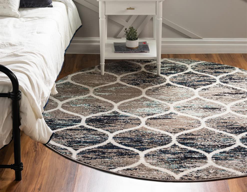 Unique Loom Trellis Frieze Collection Area Rug - Rounded (4' Round, Blue Multi/ Ivory)