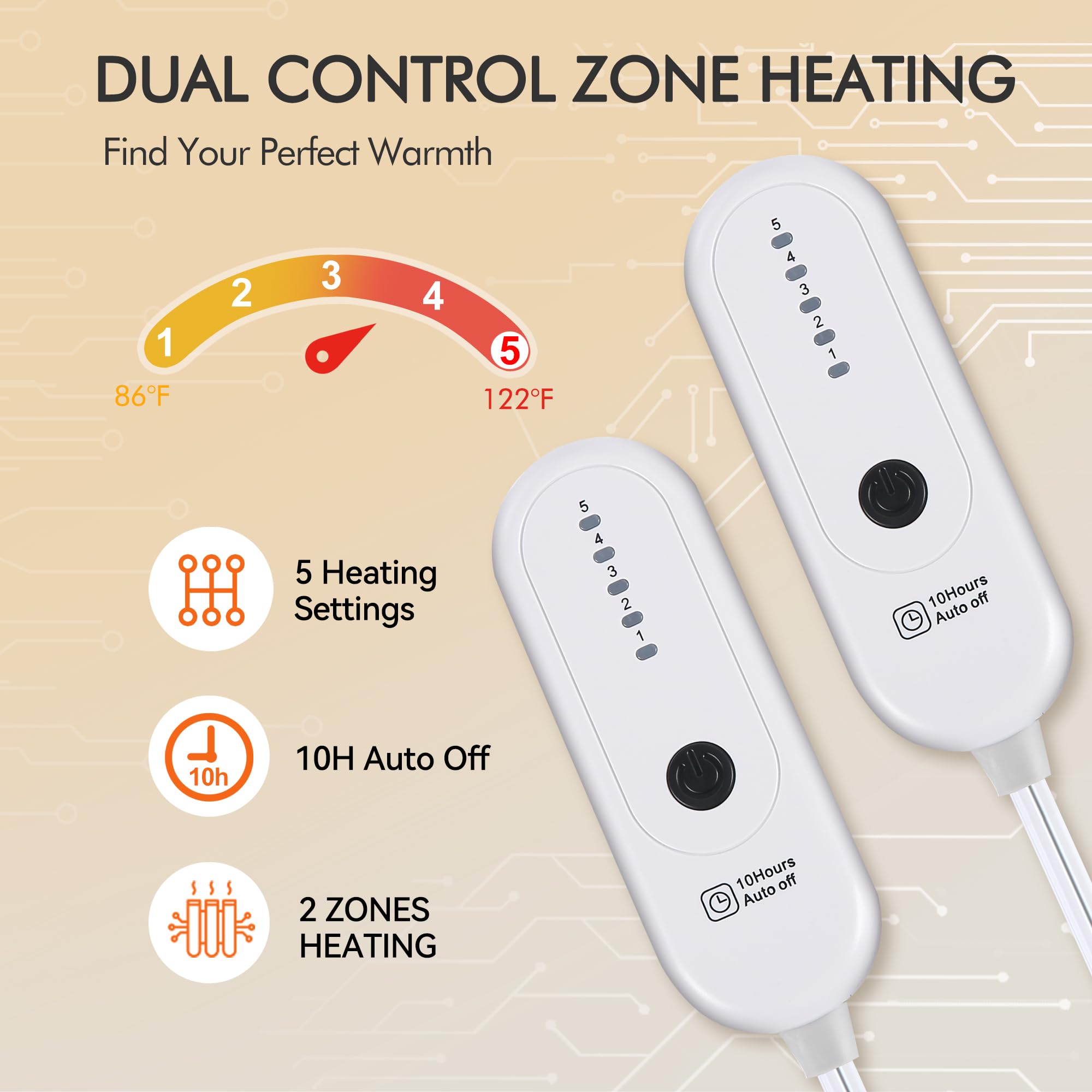 Heated Blanket Queen Size, 84''X90'' Queen Electric Blanket Dual Control With 5 Heating Levels & 10 Hours Auto Off, Electric Hea