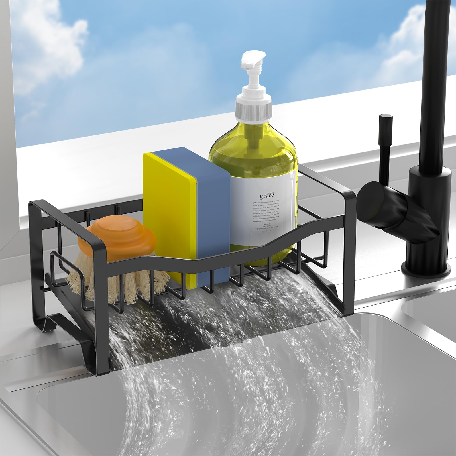 Maifan Kitchen Sink Caddy Organizer Sponge Holder For Kitchen Sink With Stainless Steel Auto Drain Tray, Self Drain Dish Soap Sp