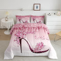 Girls Pink Comforter Set Twin Size,Flowers Butterfly High Heels Bedding Set For Woman Couple Bedroom Decor,Fantasy Glitter Quilt