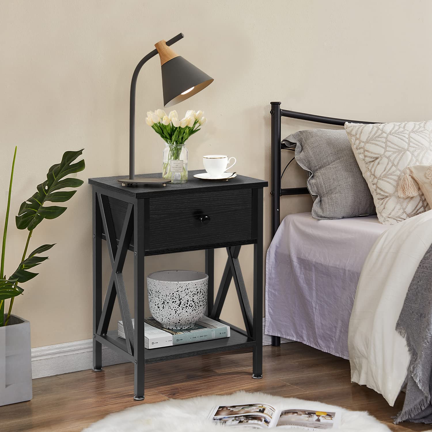 Vecelo Nightstands, Modern End Side Tables,Night Stand With Drawer &Storage Shelf For Bedroom Living Room Office Lounge, 2, Black