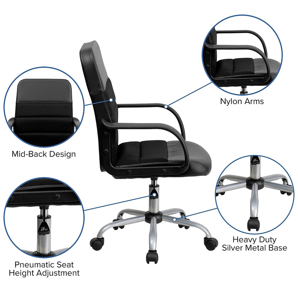 Flash Furniture Manor Mid-Back Swivel LeatherSoft Desk Chair with Headrest and Padded Arms, Adjustable Height Padded Ergonomic Office Chair, Black