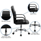 Flash Furniture Manor Mid-Back Swivel LeatherSoft Desk Chair with Headrest and Padded Arms, Adjustable Height Padded Ergonomic Office Chair, Black
