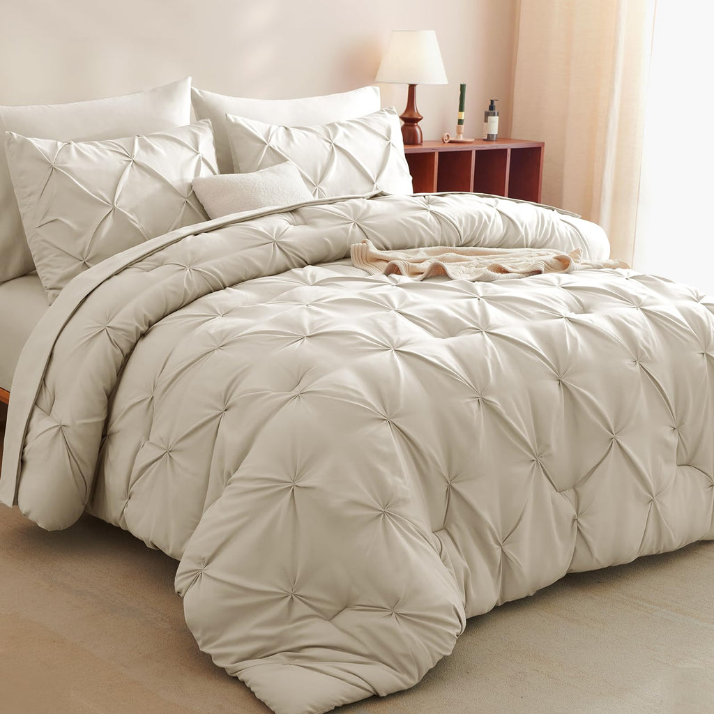 Cozylux Queen Comforter Set - 7 Pieces Bed In A Bag Oatmeal Queen Size, Pintuck Comforters Pinch Pleat Bedding Sets With All Sea