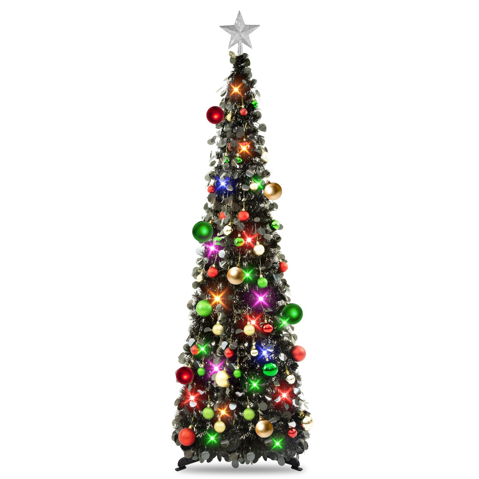 N&T NIETING Pop Up Christmas Tree with Lights & 30 Balls, 5Ft Collapsible Black Tinsel Christmas Tree Decorations, Pencil Christ