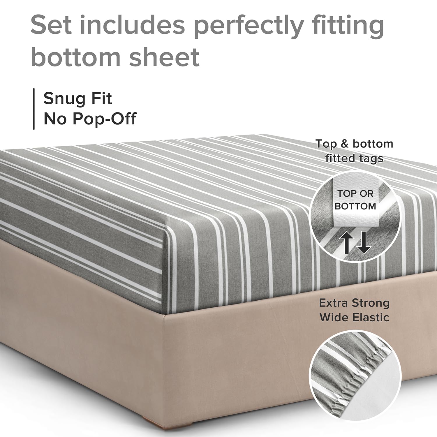 King Size Fitted Bed Sheet - Hotel Luxury Single Fitted Bottom Sheet Only - Fits Mattress Between 8 To 16 Inches - Deep Pockets, Extra Soft And Wrinkle Free - Comfy Breathable & Cooling - Grey Stripes