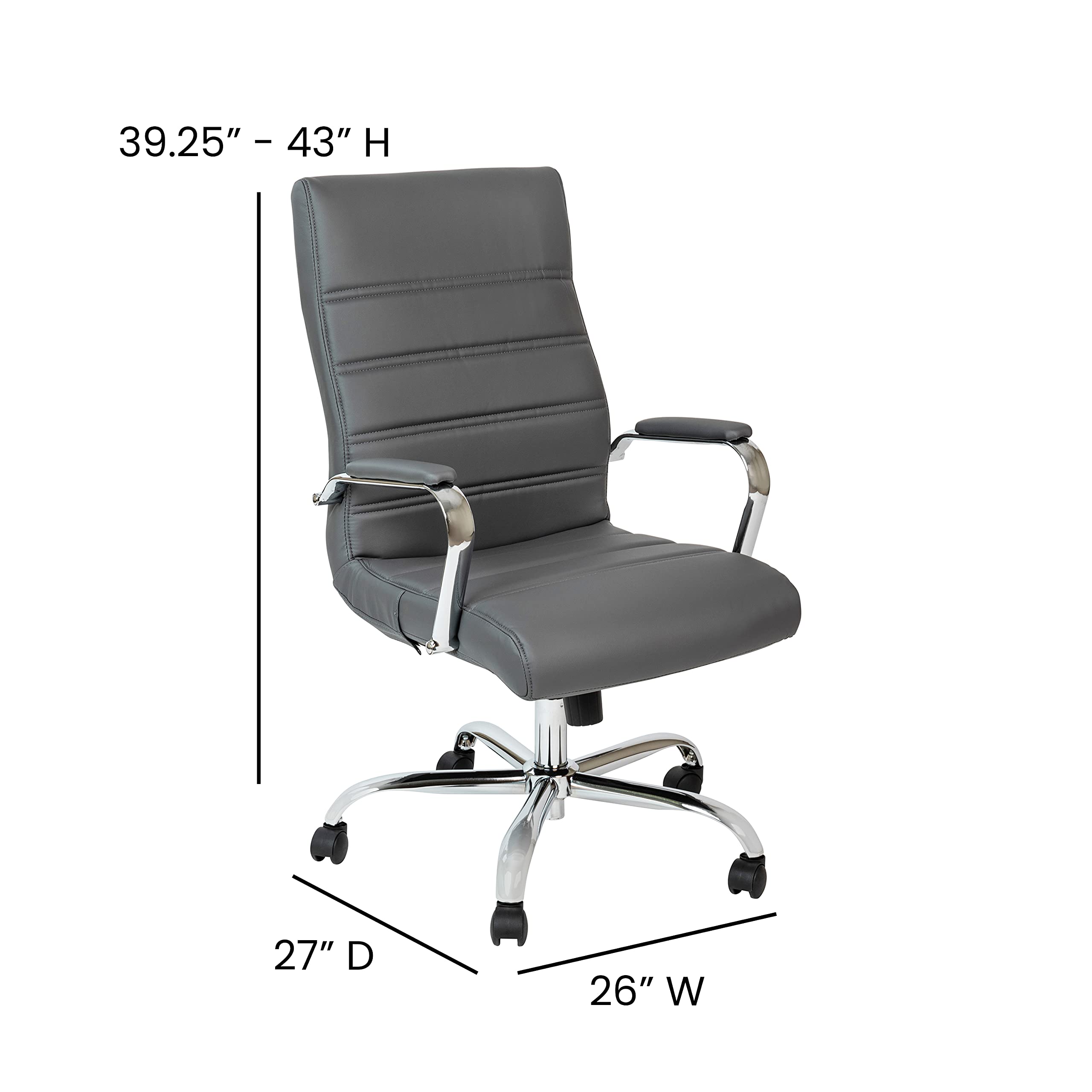 Flash Furniture Whitney High-Back Swivel LeatherSoft Desk Chair with Padded Seat and Armrests, Adjustable Height Padded Office Chair, Gray/Chrome