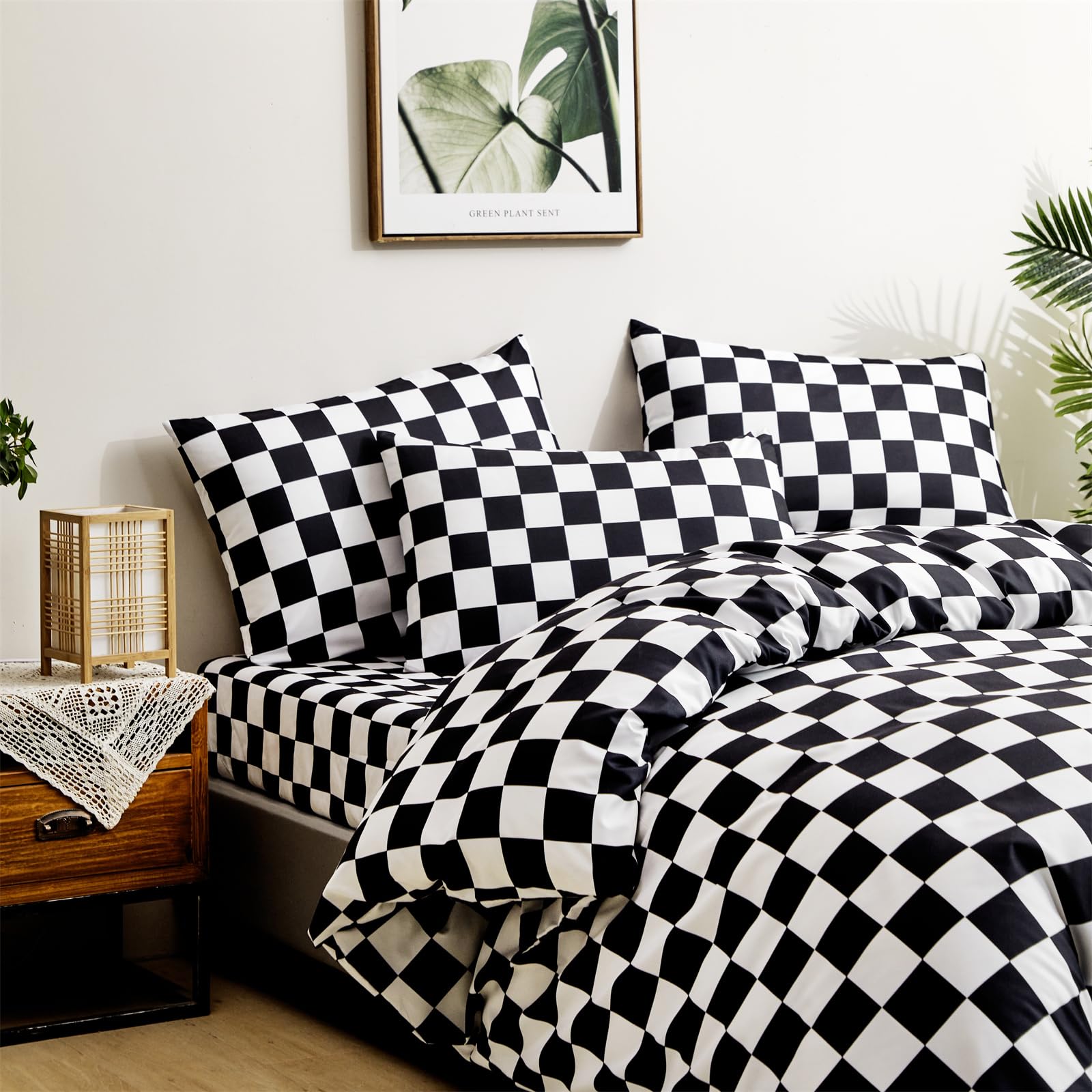Clothknow Black White Plaid Queen Comforter Set 3Pcs Black White Bedding Comforter Sets Grid Queen Comforter Soft Checker Queen Size Comforter Sets