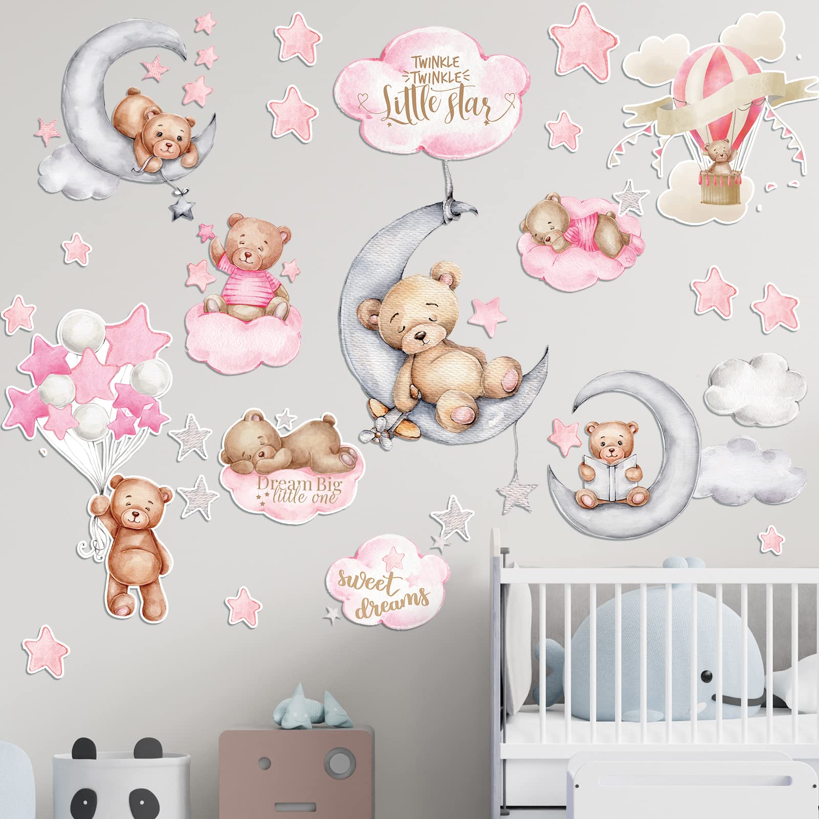 Yinder 12 Sheet 78 Pcs Bear Highland Cow Wall Decals Baby Wall Decals Cute Bear Highland Cow Wall Sticker Nursery Baby Wall Deco