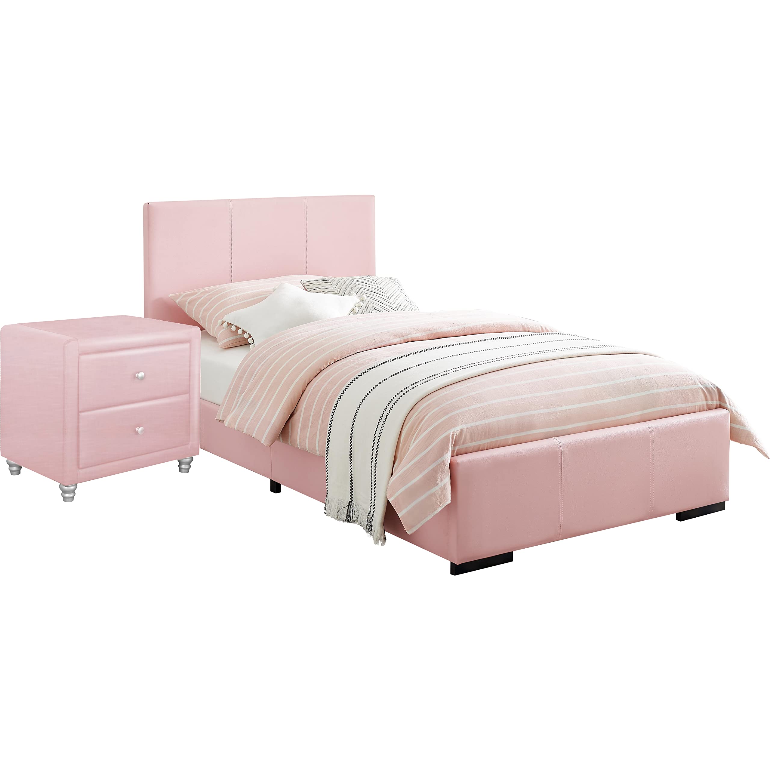 Hindes Upholstered Platform Bed, Pink, Full with 1 Nightstand/ Pink