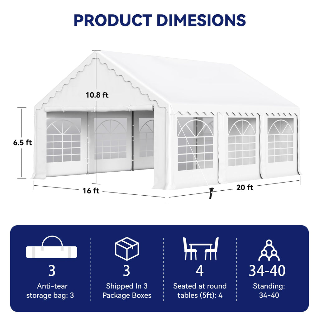 Phi Villa 20'X16' Outdoor Heavy Duty Party Tent Large Commercial Canopy Wedding Event Shelter With Removable Sidewalls & 3 Storage Bags For Patio Outdoor Garden Events, White