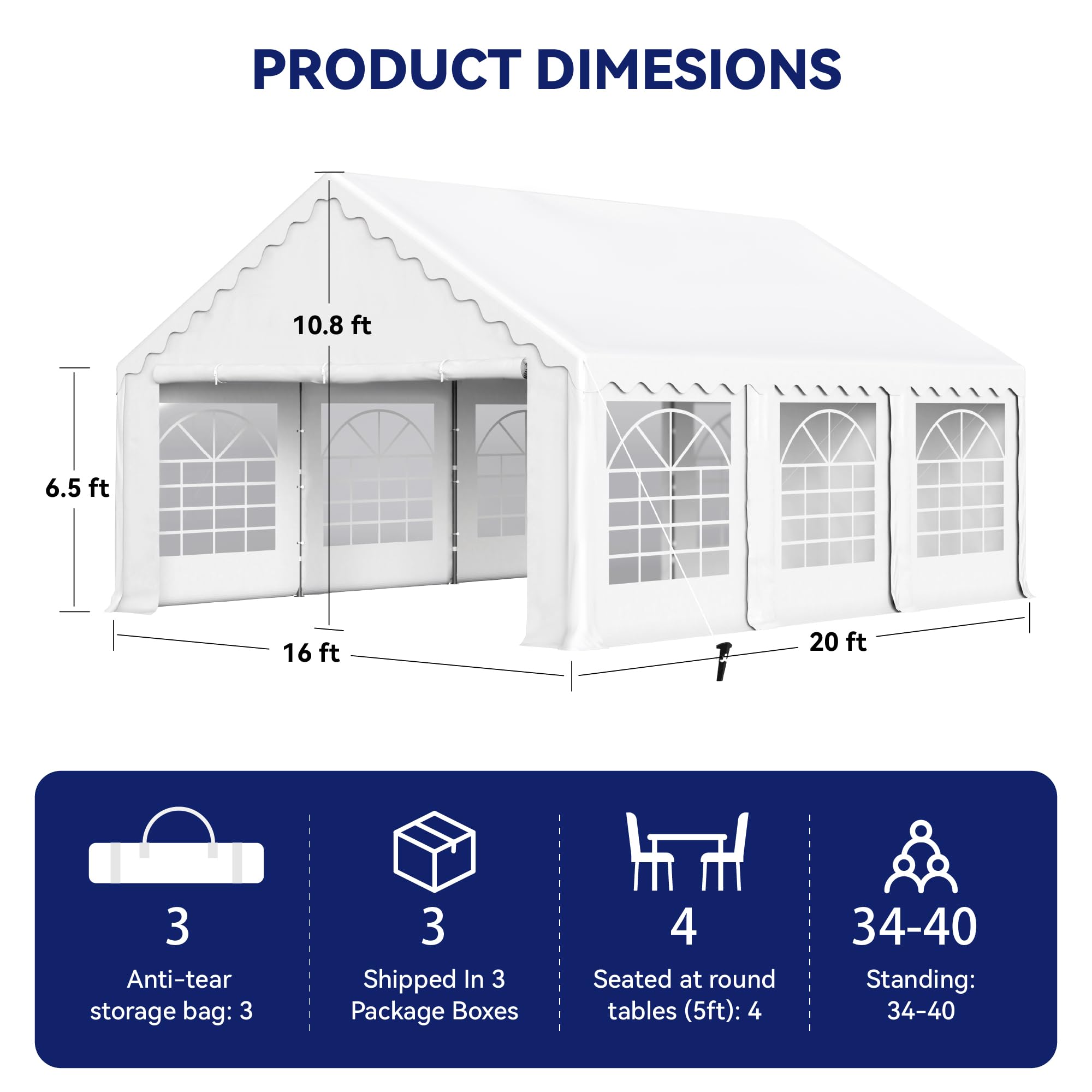 Phi Villa 20'X16' Outdoor Heavy Duty Party Tent Large Commercial Canopy Wedding Event Shelter With Removable Sidewalls & 3 Storage Bags For Patio Outdoor Garden Events, White