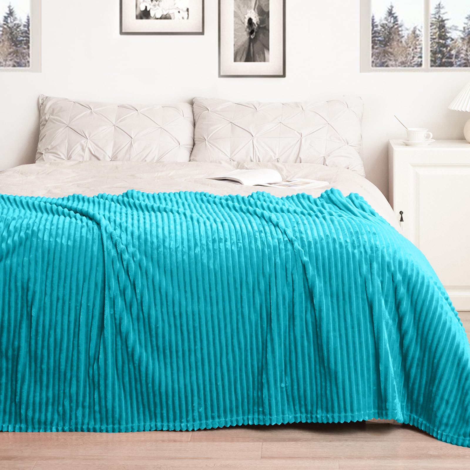 Vessia Flannel Fleece Throw Blanket For Couch,Sofa,Bed, 300Gsm Striped Teal Blanket Throw For Adults And Kids, Super Soft Warm C