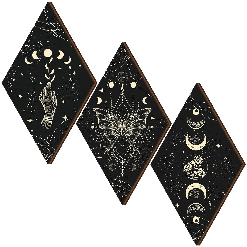 Ferraycle 3 Pcs Rustic Boho Wall Decor Moon Phases Butterfly Wall Art Stars Moon Decor Minimalist Room Decor Wooden Gothic Witch