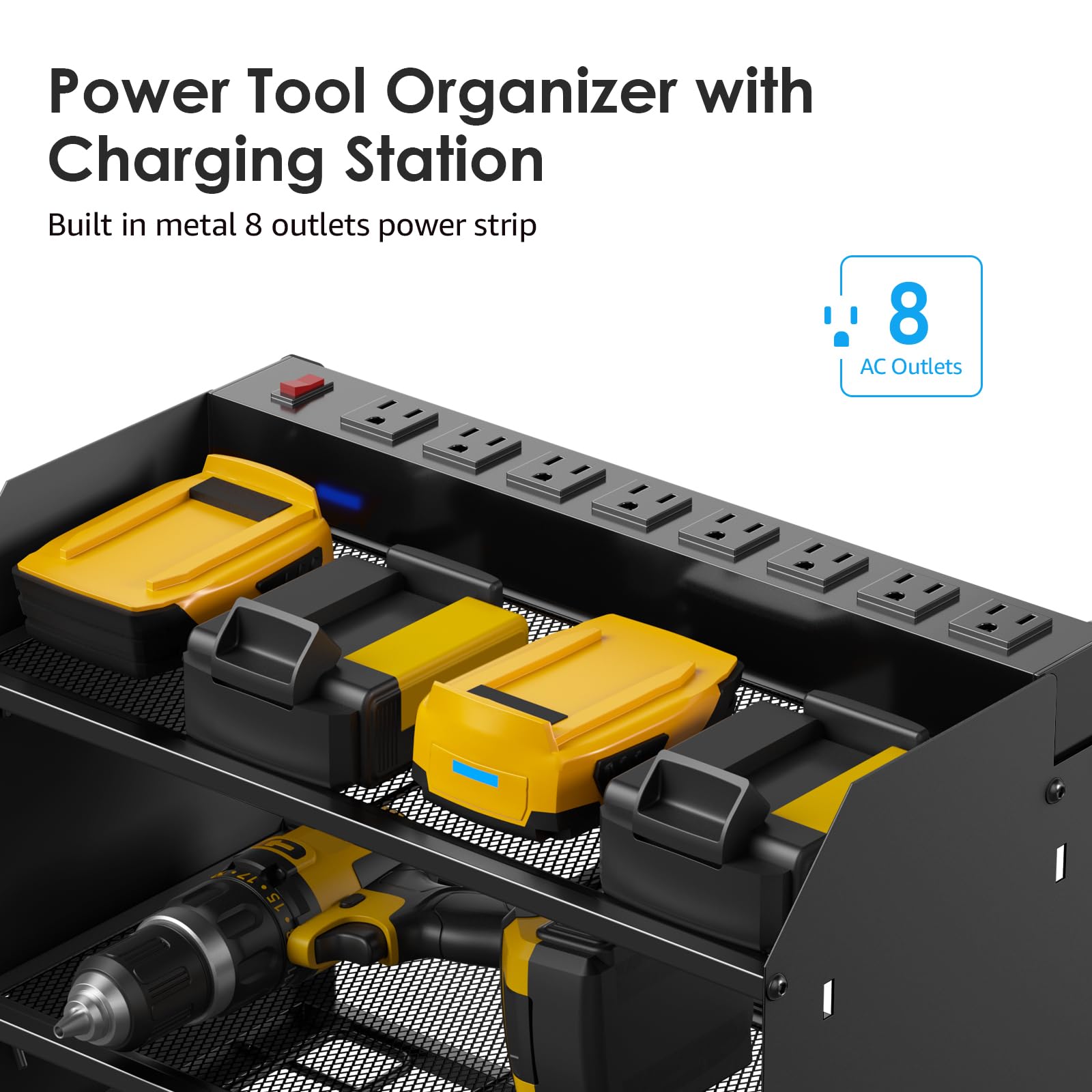 Cccei Modular Power Tool Organizer Wall Mount Charging Station, Black 6 Drills Holder With 8 Plug Power Strip 10Ft, Garage Drill Battery Heavy Duty Metal Shelf, Utility Rack With Hooks, Side Storage.