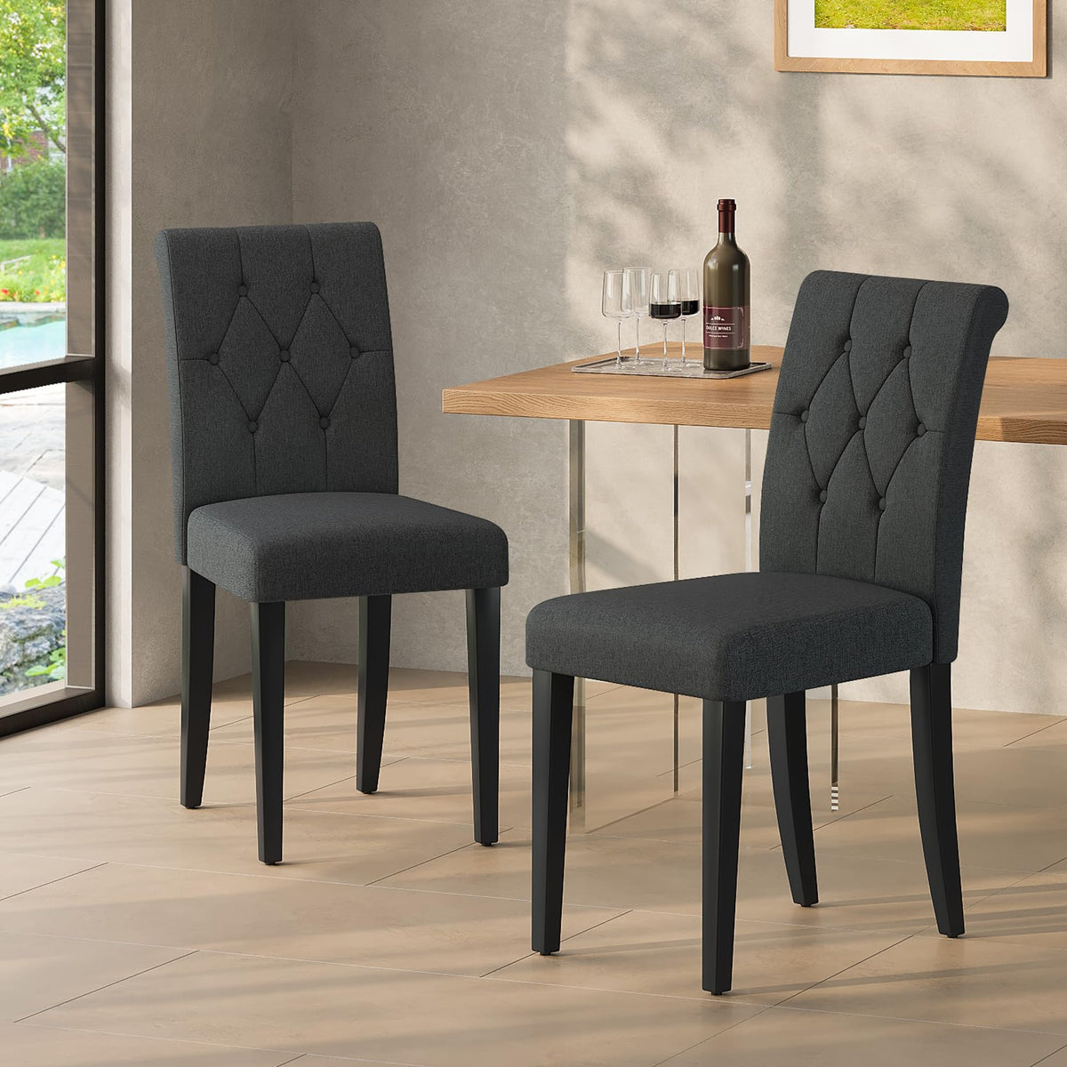 Welzona Upholstered Dining Chairs Set of 2, Button Tufted Parsons Dining Chair with Solid Wood Legs, Modern Fabric Side Chair fo