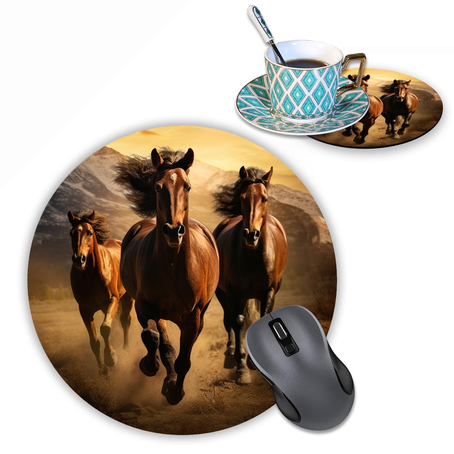Round Mouse Pad With Coasters Set, Running Horse Design Mouse Pad Non-Slip Rubber Mousepad Office Accessories Desk Decor Mouse P