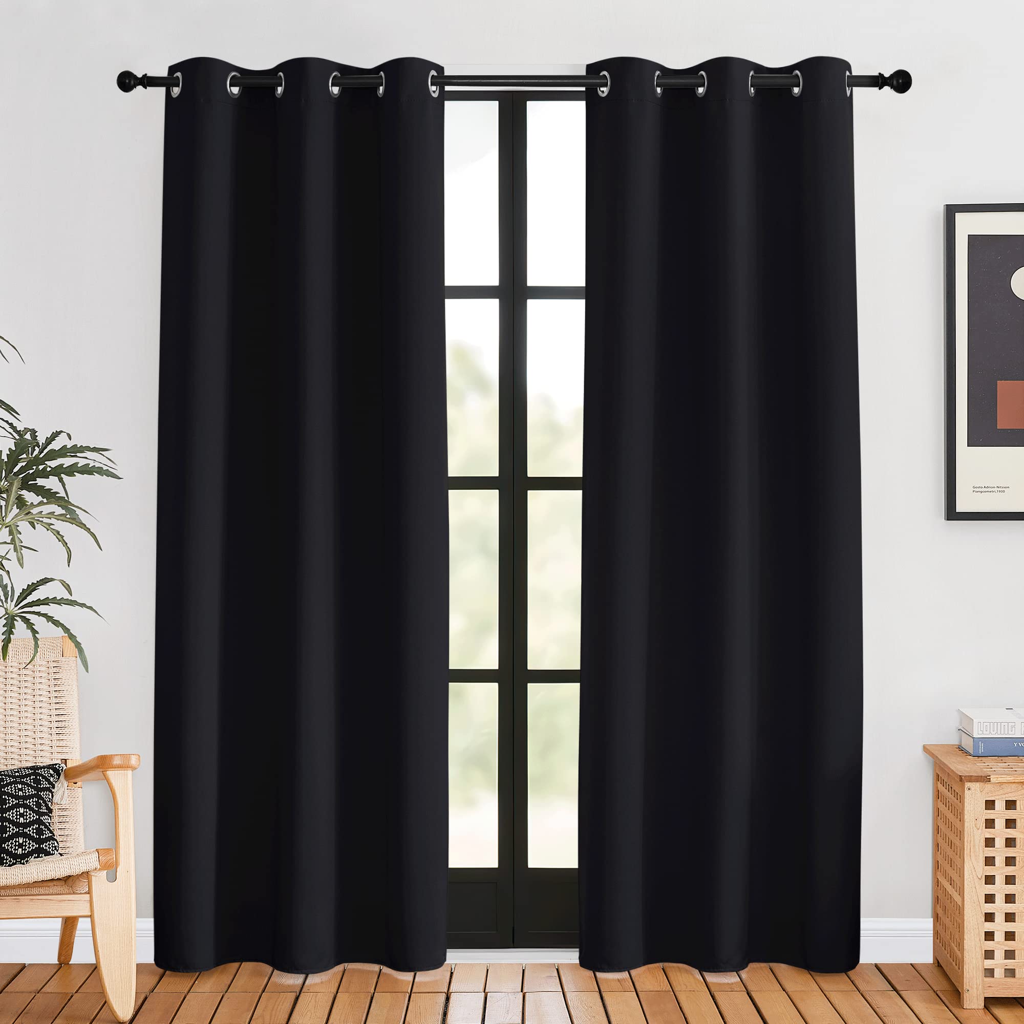 Nicetown Halloween Blackout Draperies Window Curtain Panels, Set Of 2, 42 Inches By 80 Inches, Black, Thermal Insulated Solid Gr
