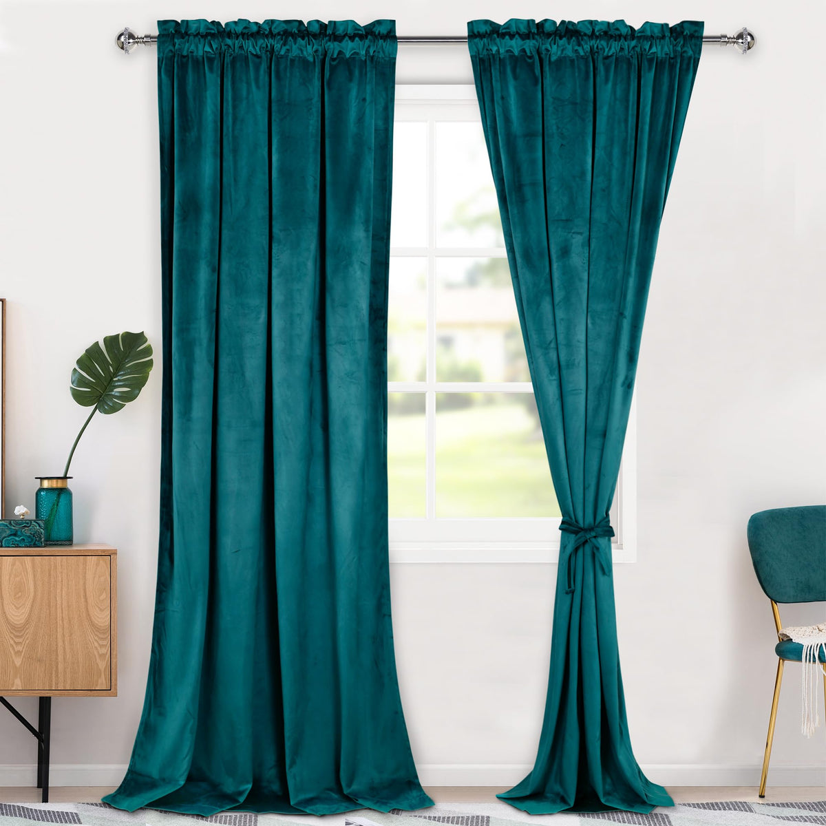 Hiasan Teal Velvet Curtains 96 Inches-Blackout Thermal Insulated Solid Soft Curtains For Bedroom Living Room Rod Pocket Room Dar