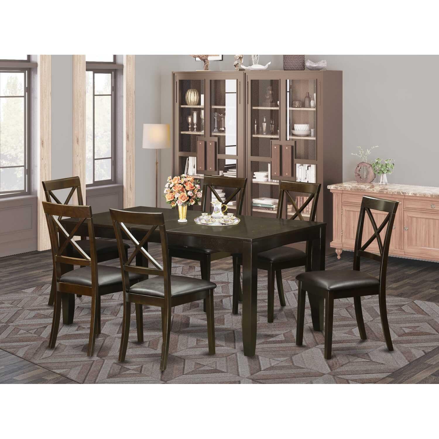 East West Furniture Lybo7-Cap-Lc 7 Pc Dining Room Set For 6-Dining Table With Leaf And 6 Dining Chairs