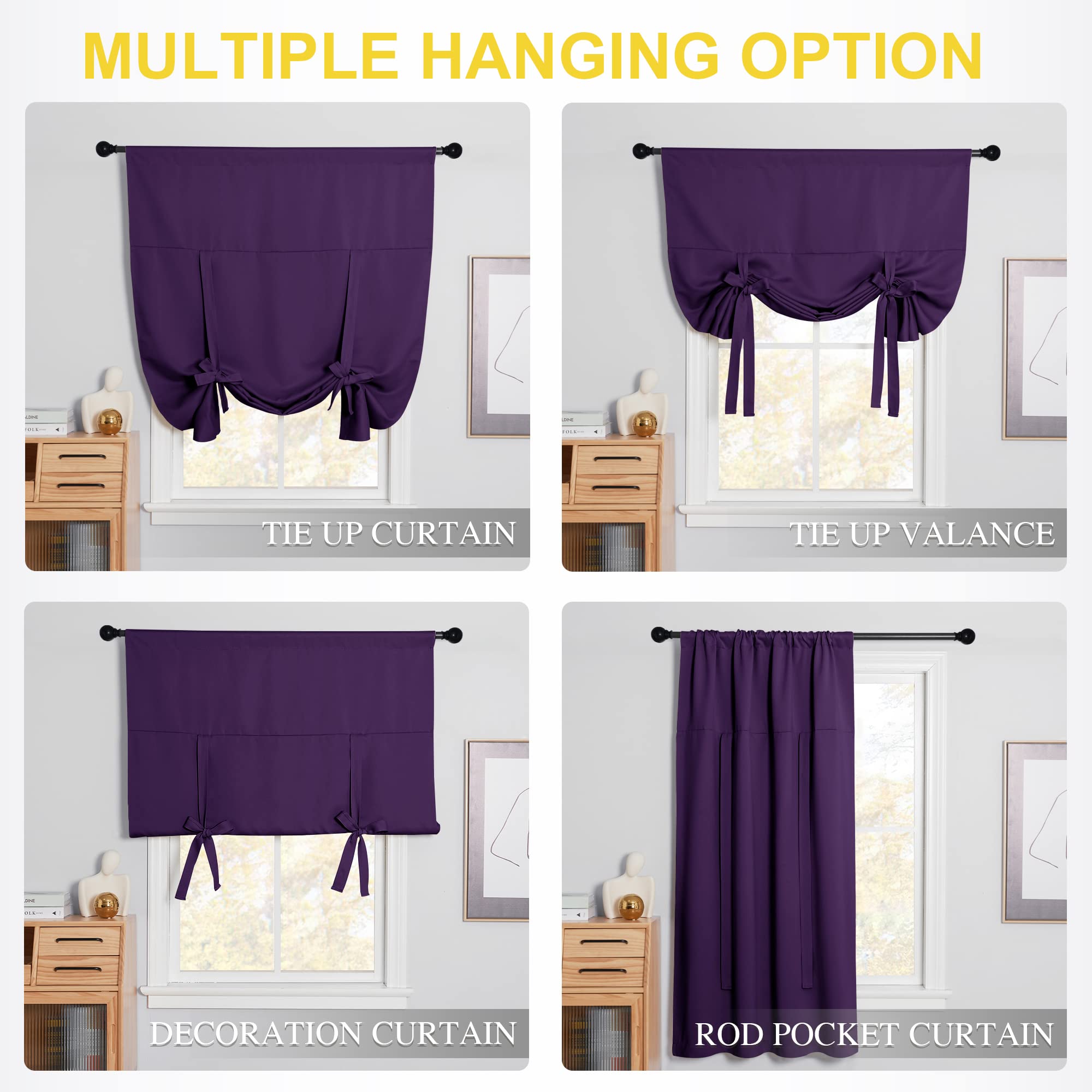 Nicetown Thermal Insulated Blackout Curtain - Tie Up Shade Drape For Narrow Window/Kitchen/Halloween Present (Royal Purple, Rod